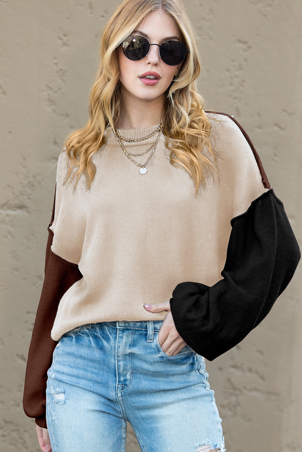 Brown Colorblock Bishop Sleeve Exposed Seam Ribbed Trim Sweater Sweaters 1b4f842dbba3db97