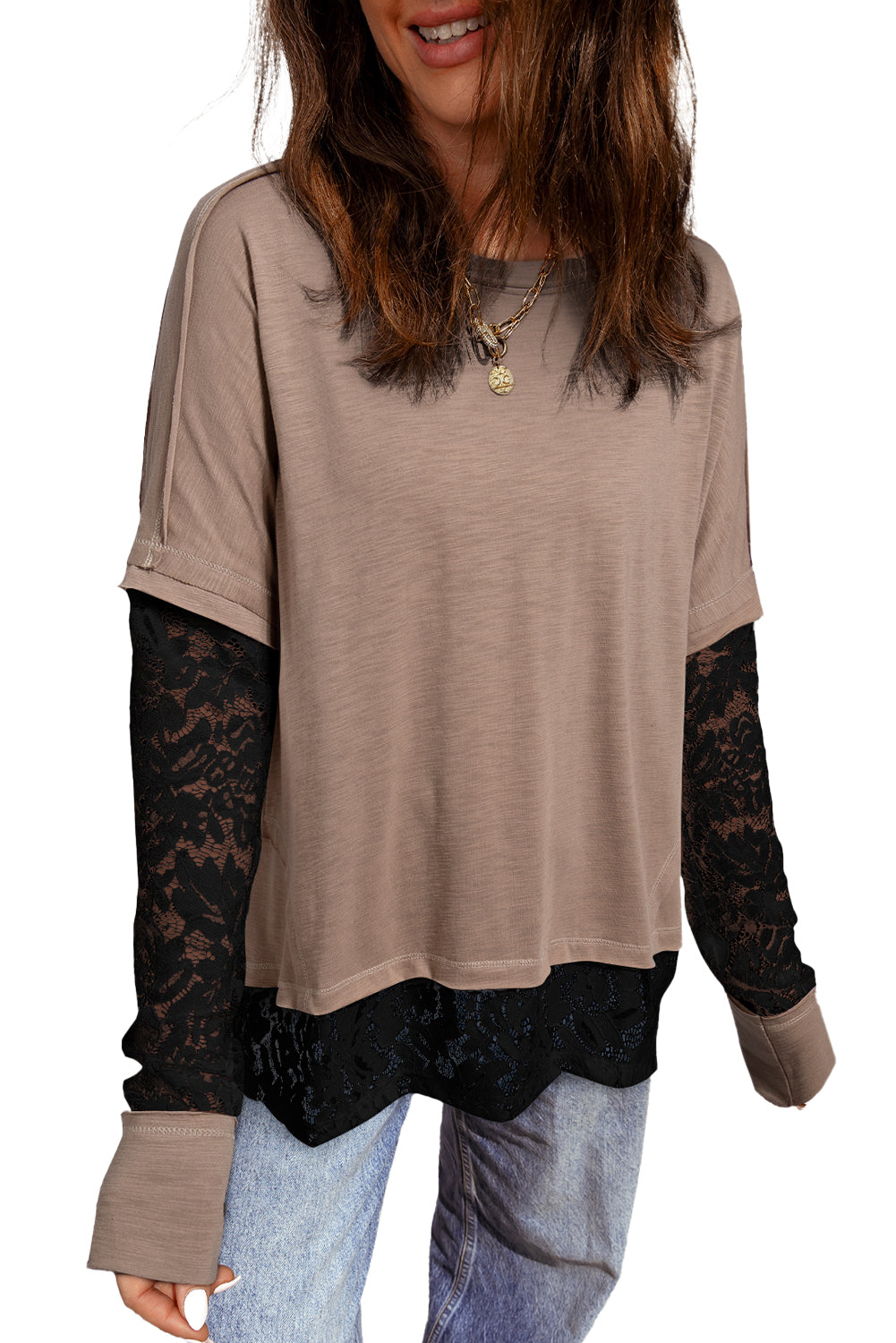 Light French Beige Sheer Lace Patchwork Casual Long Sleeve Tee Long Sleeve Tops 1b64691fa10a514a