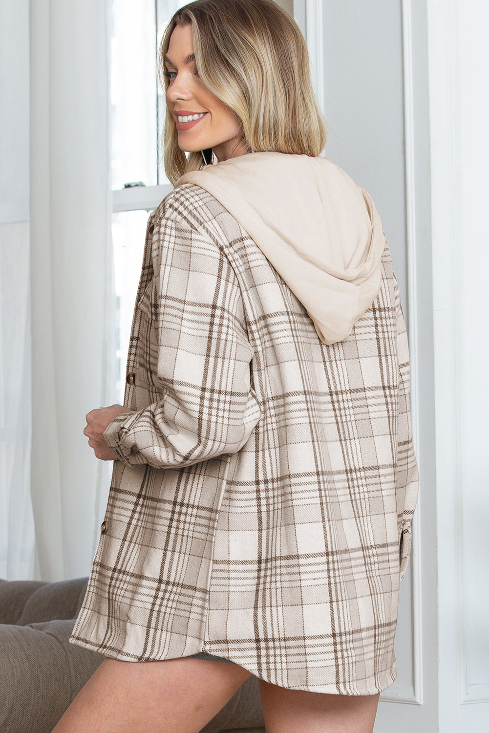 Khaki Plaid Removable Hooded Button Up Jacket Jackets 1bd3ac9306b1d138