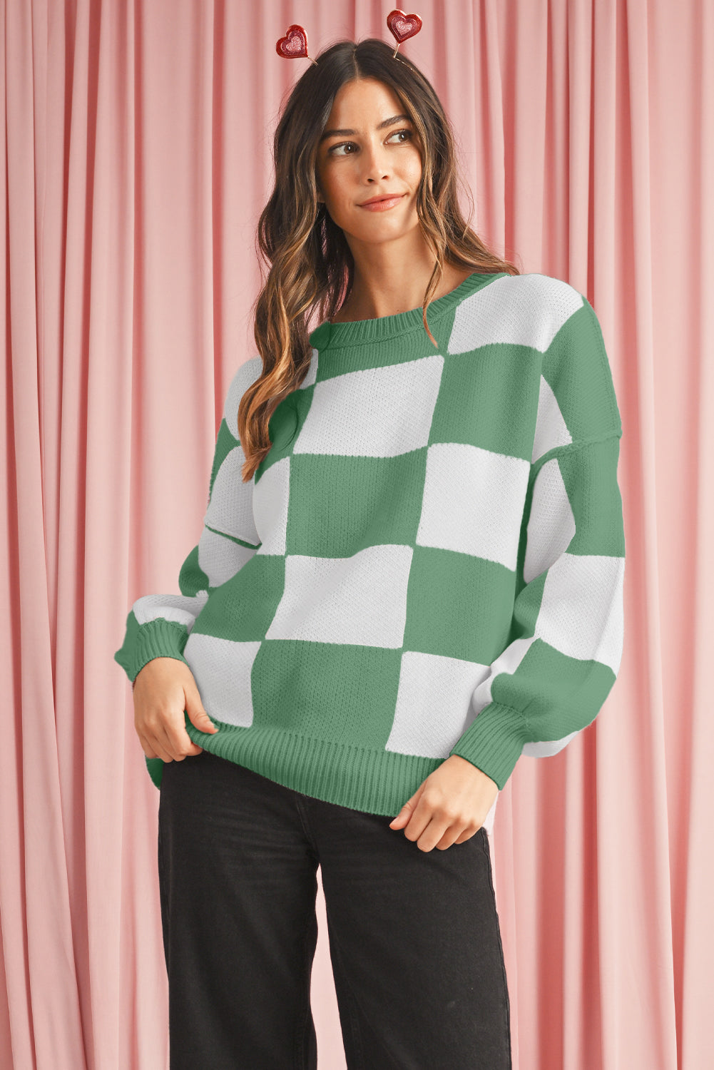 Green Checkered Bishop Sleeve Pullover Sweater Sweaters 1bea2e2e0b56131a