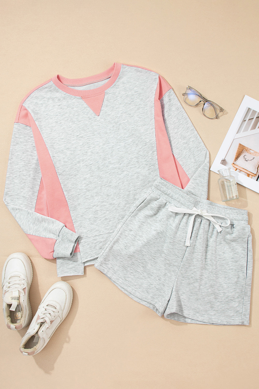 Light Grey Colorblock Raw Hem Pullover and Shorts Set Two Piece Shorts Sets 1c3df7fbf051e19f