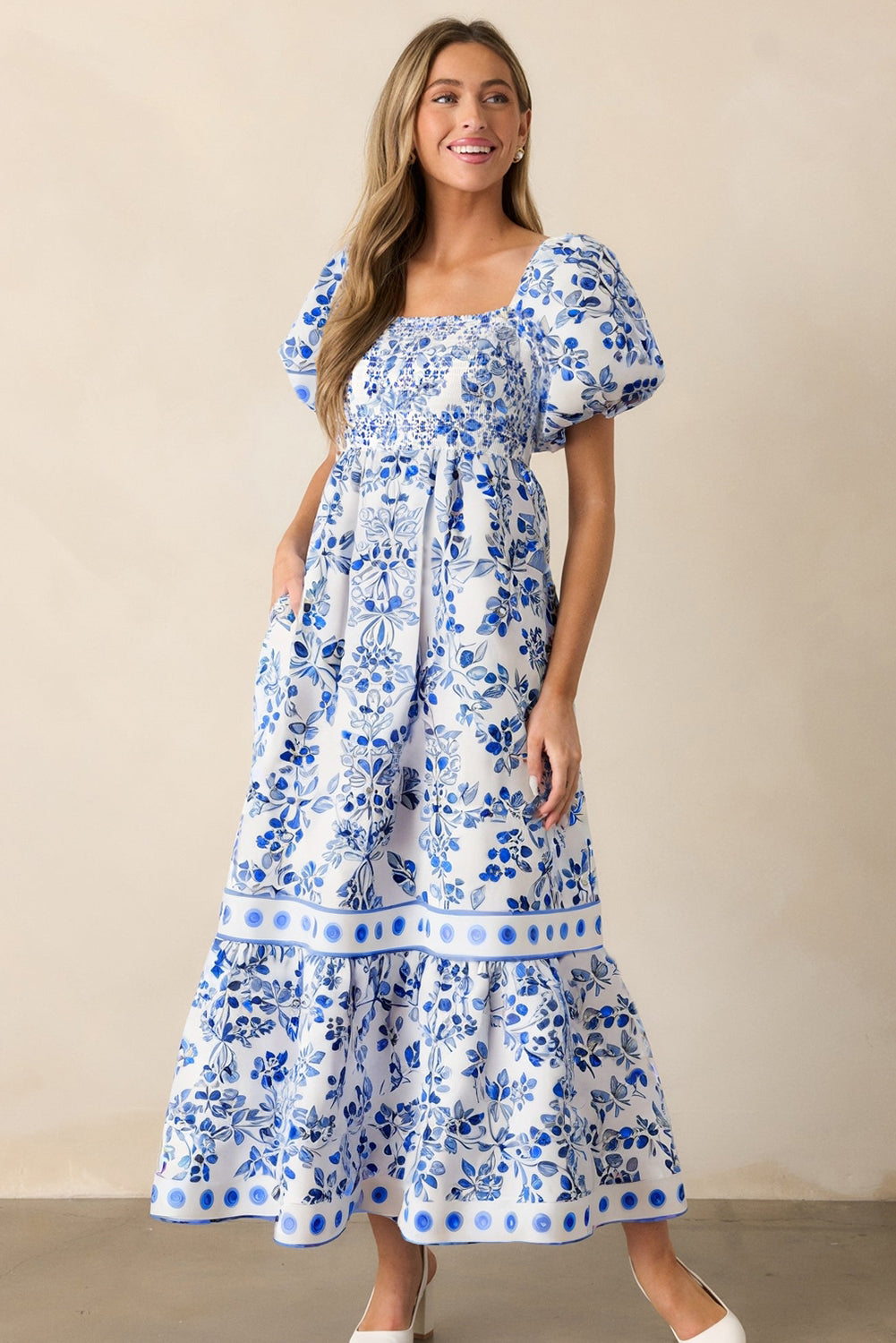 Sky Blue Floral Print Square Neck Bubble Sleeve High Waist Maxi Dress Maxi Dresses 1c6eeeed5f366ec2