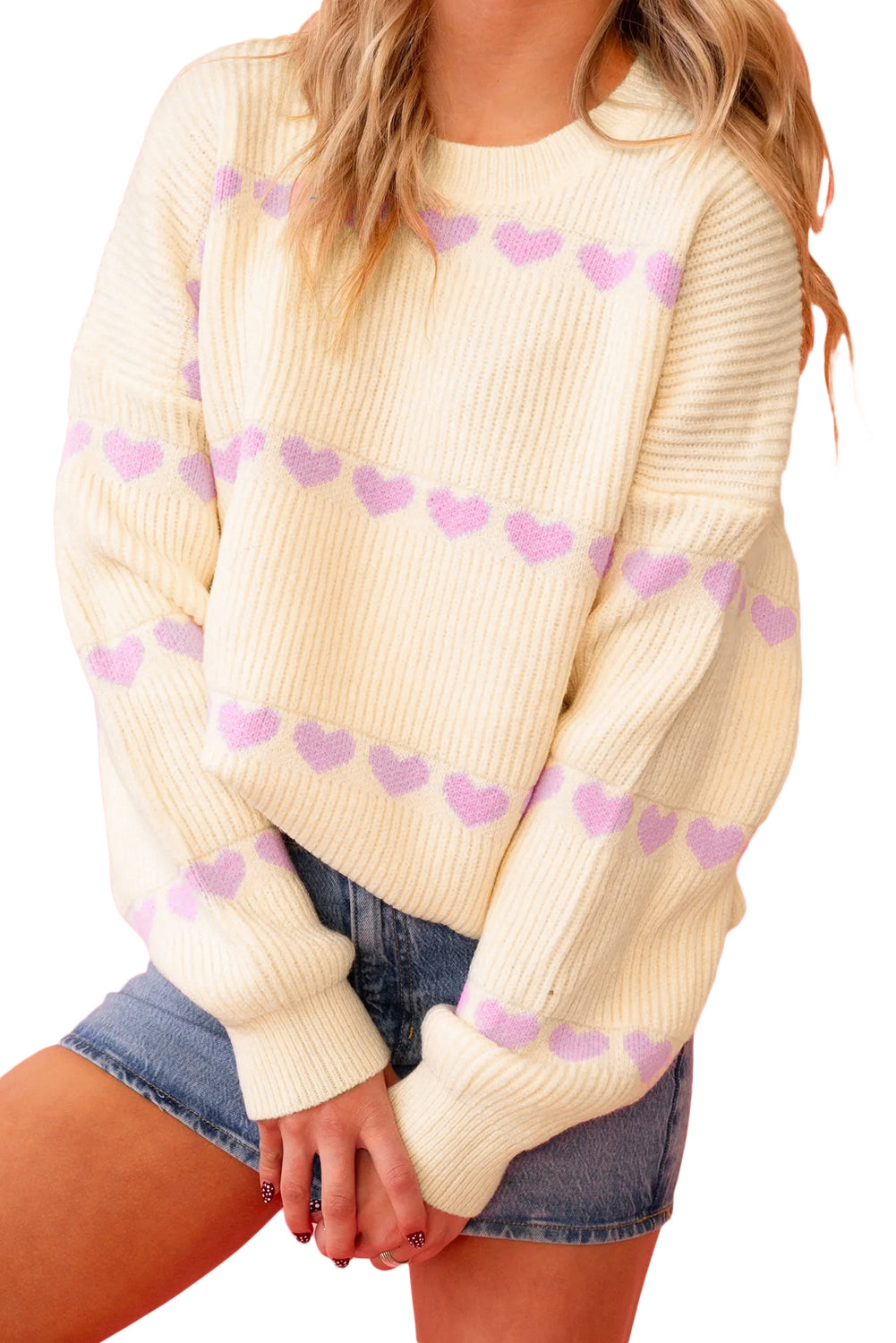 Pink Heart Pattern Ribbed Round Neck Knit Sweater Sweaters 1c744101a3694709
