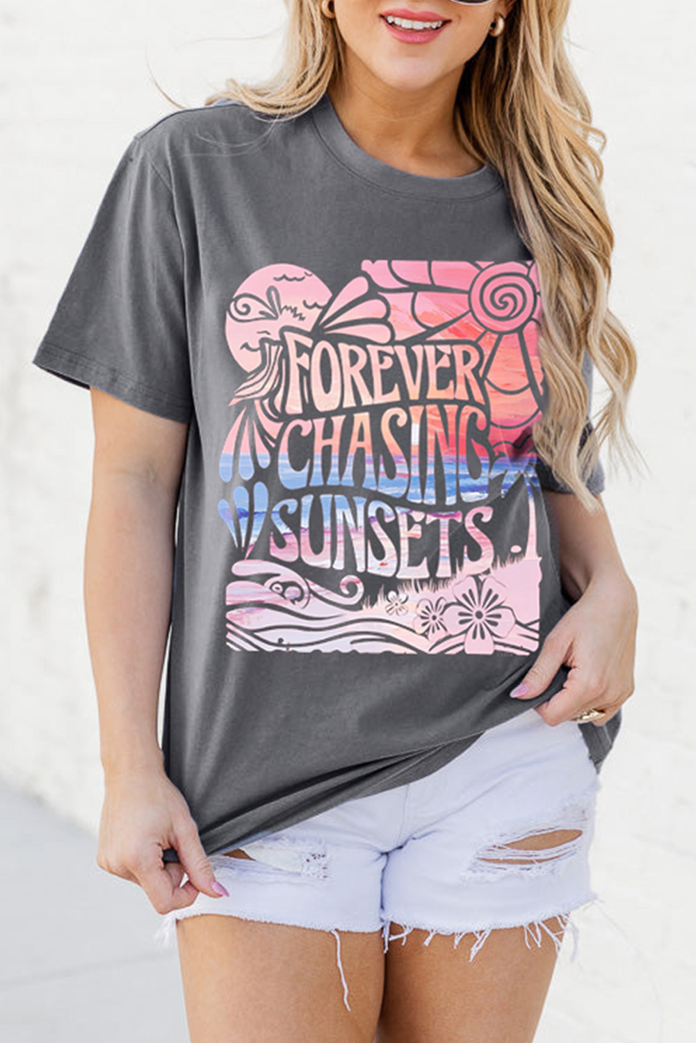 Gray FOREVER CHASING SUNSETS Heat Transfer Printing Graphic Summer T Shirt Graphic Tees 1c85f0638b43afe2