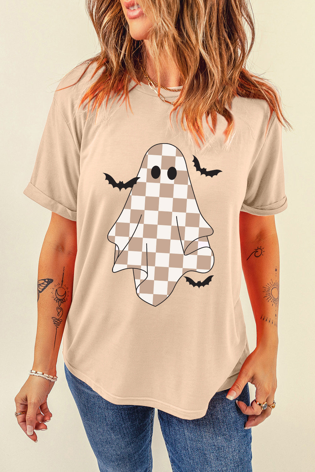 Khaki Ghost Bat Heat Transfer Printing Halloween Holiday Graphic Tee Graphic Tees 1c9f62e3e28d7de2
