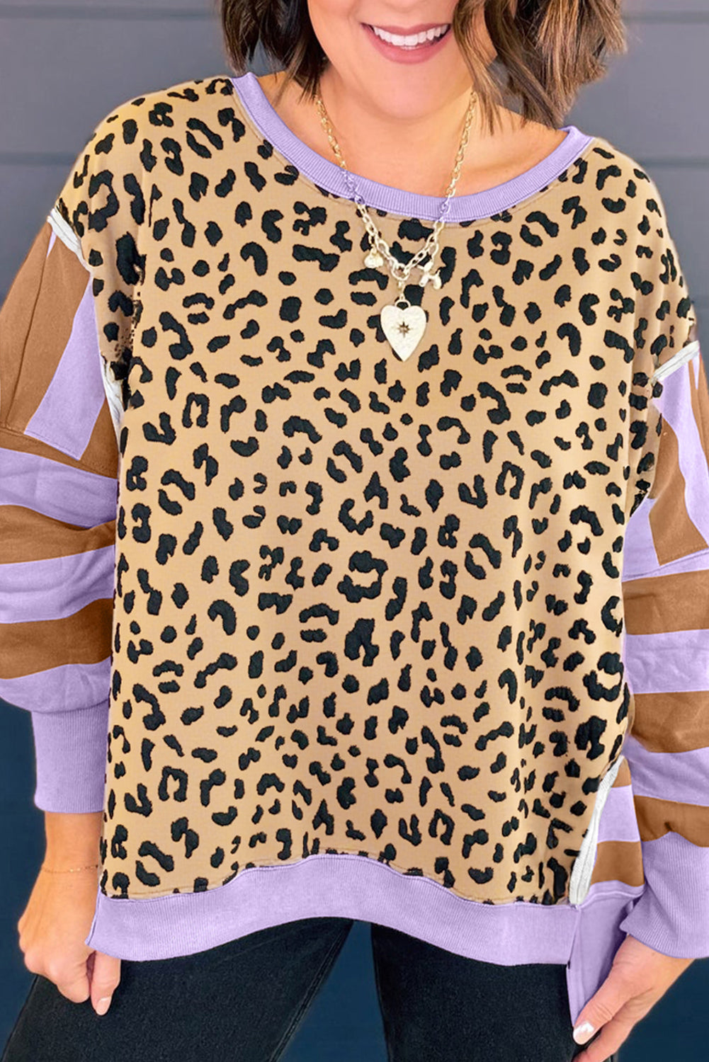 Purple Leopard Striped Patchwork Plus Size Loose Sweatshirt Plus Size Tops 1ca048ff21e39056