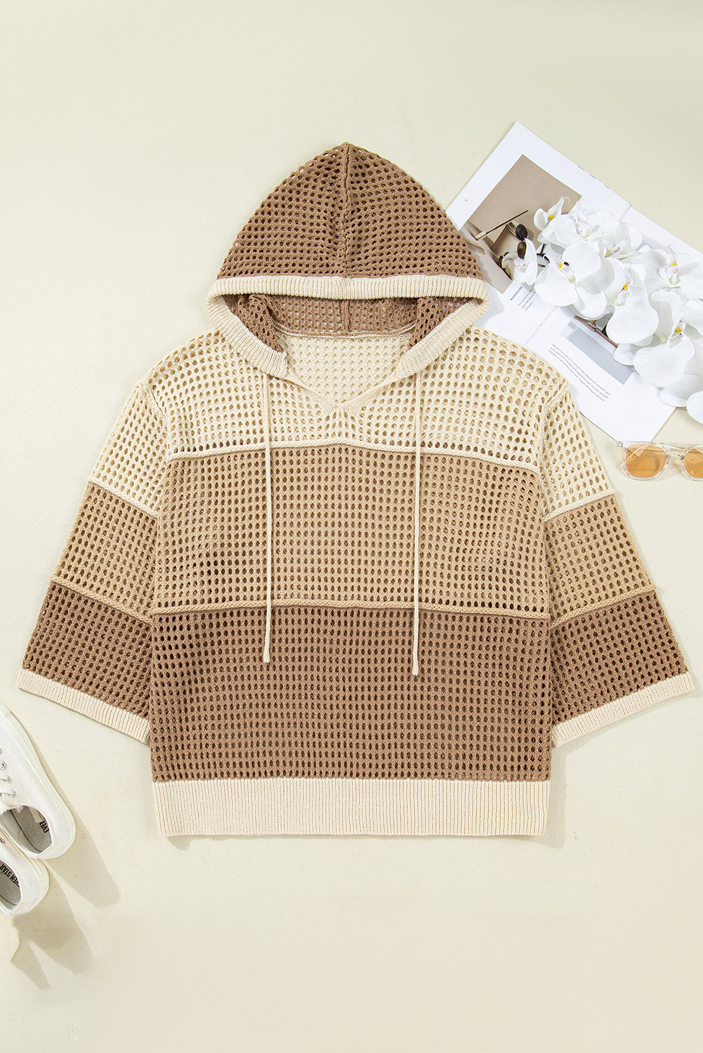 Parchment Colorblock Hollowed Knit Plus Size Hooded Jumper Sweater Plus Size Sweaters & Cardigans 1cf51fca02fa5db4