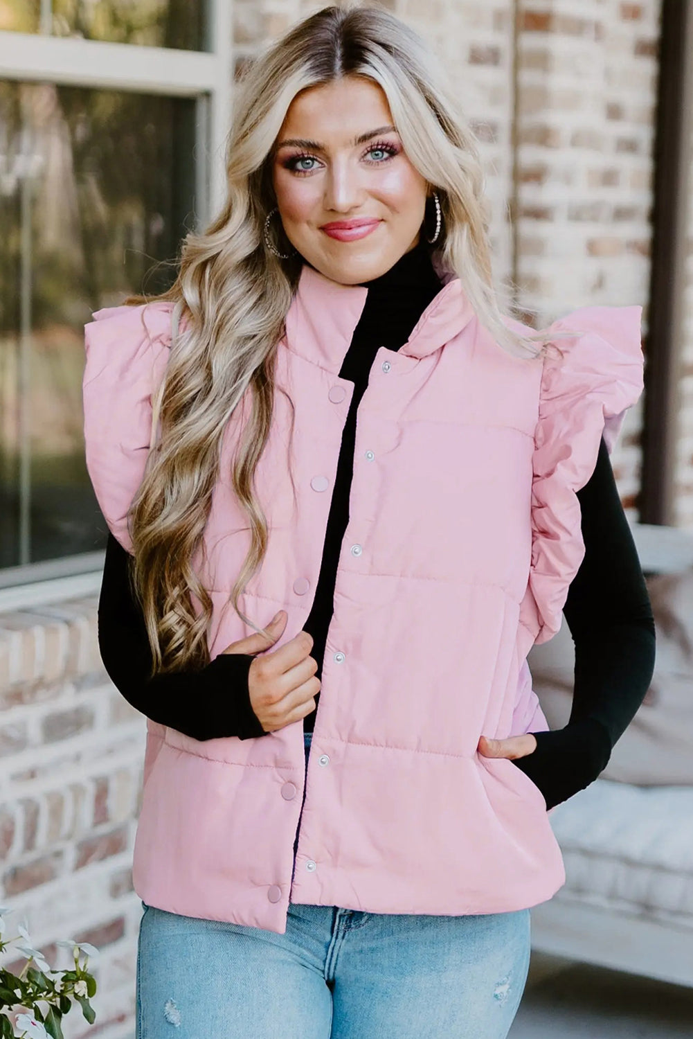 Pink Stand Neck Flutter Sleeve Snap Button Puffer Vest Coats 1d1aa5928113c782