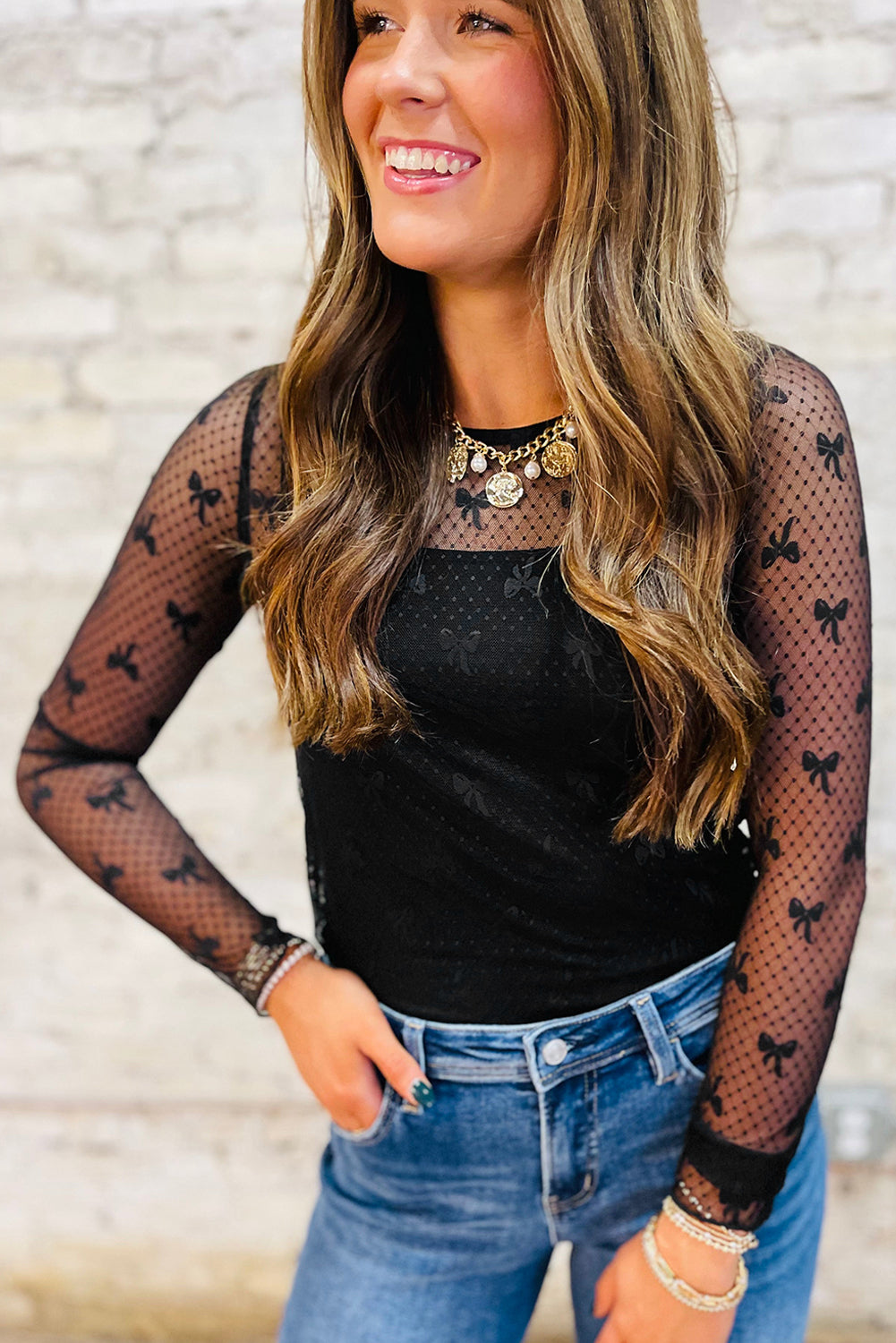 Black Dotted Bow Pattern Mesh Long Sleeve Top Long Sleeve Tops 1d21c3c686ea261b