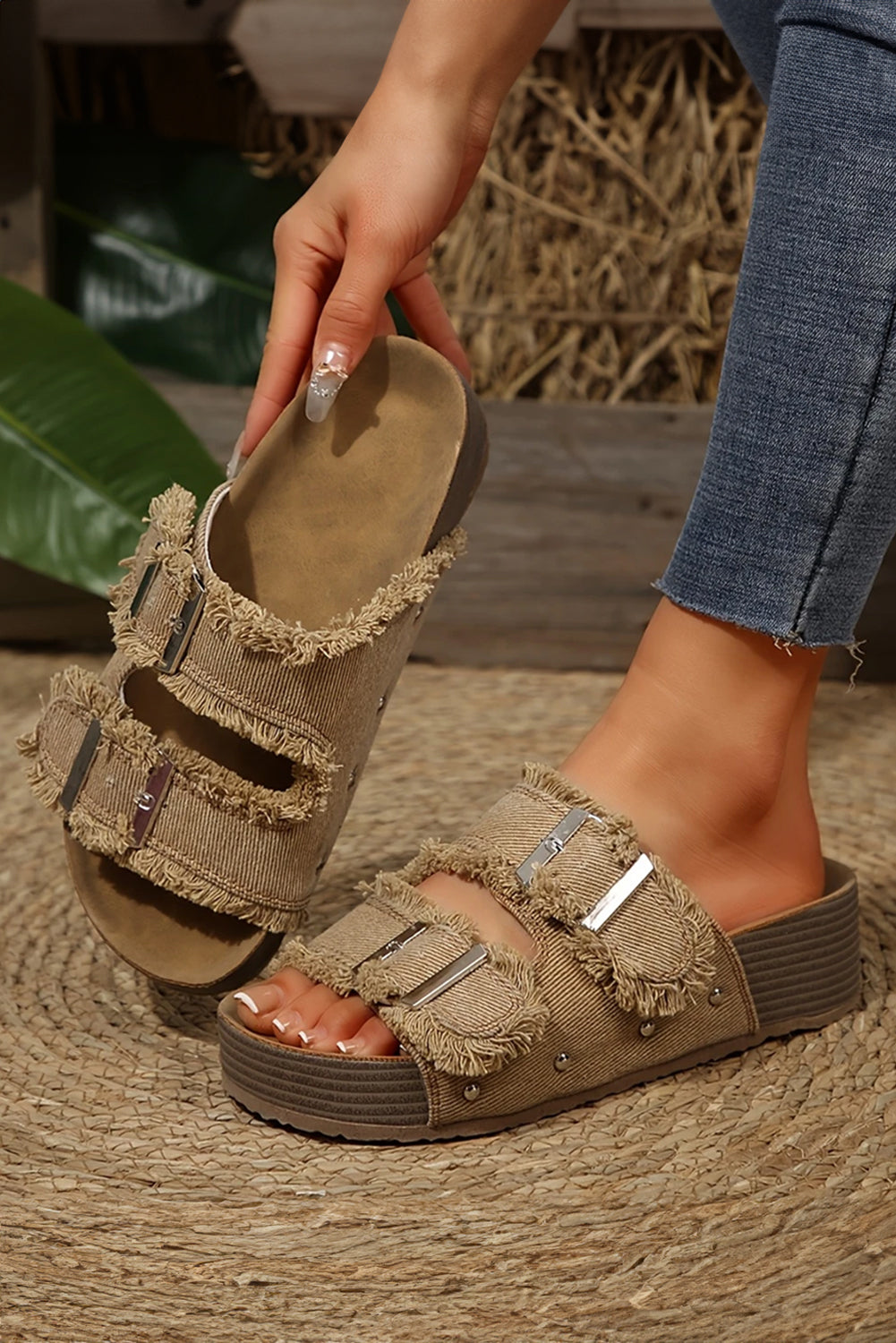 Pale Khaki Double Buckle Straps Frayed Detial Retro Slippers Slides Shoes + Flip Flops 1d396b08bd4a5f2a