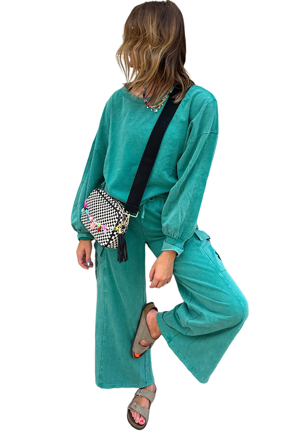 Lapis Mineral Wash Pullover and Wide Leg Cargo Pants Set Two Piece Pants Sets 1d63f45c6f8e8fa8