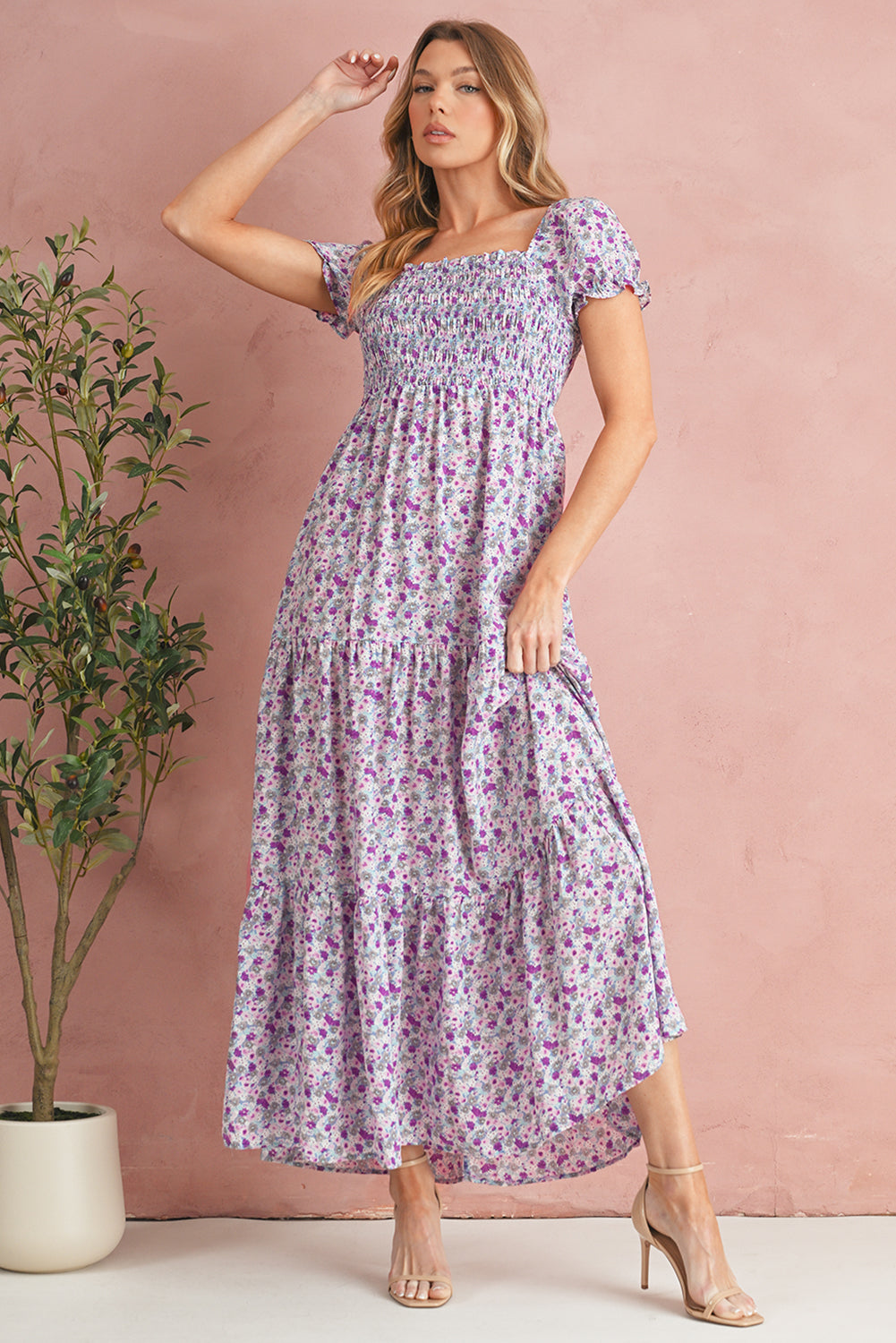 Purple Floral Short Bubble Sleeve Smocked High Waist Maxi Dress Maxi Dresses 1d718d23aa20925e