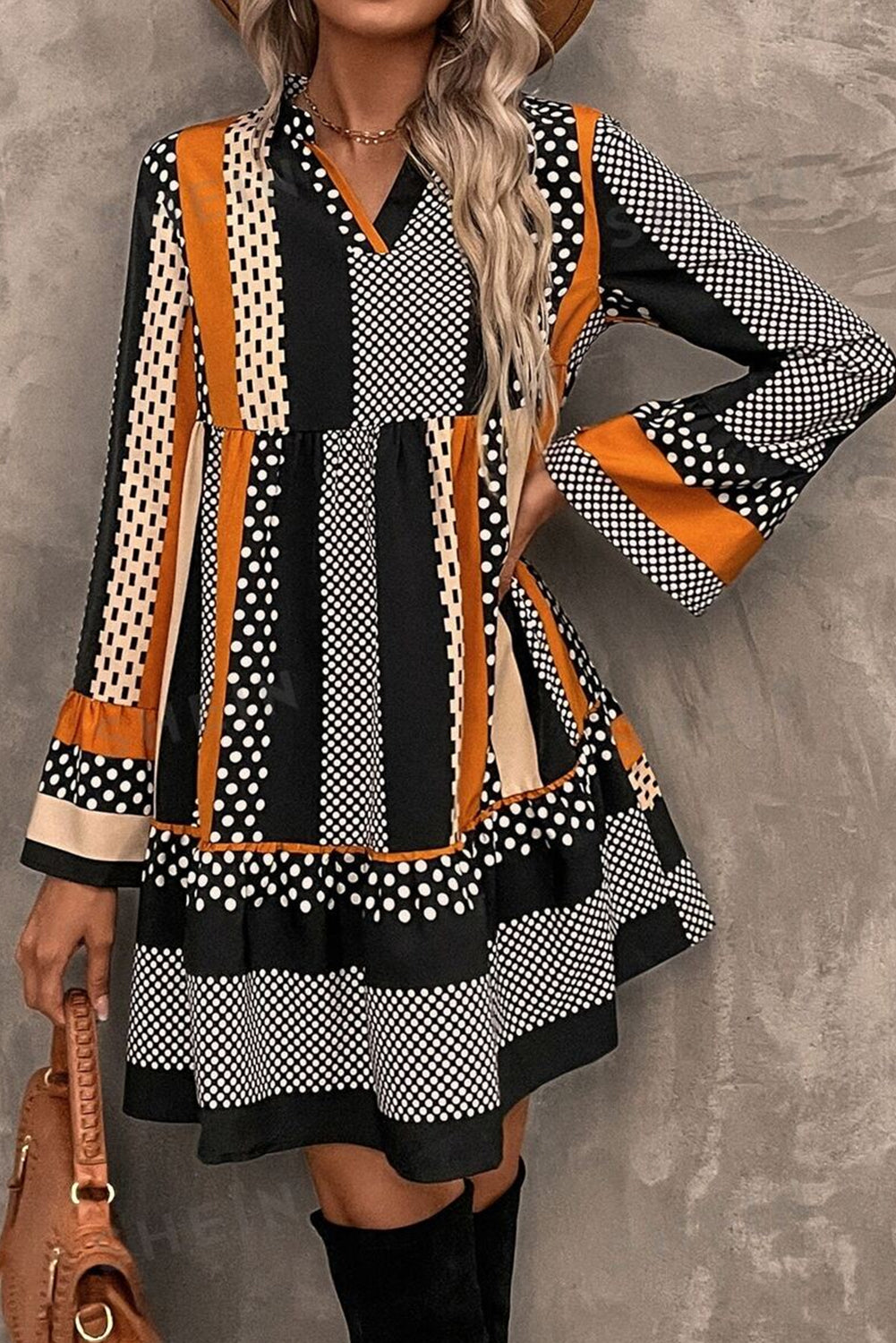 Black Striped Polka Dot Print Ruffle Hem V Neck Loose Mini Dress Short Dresses 1da489e884e91bab