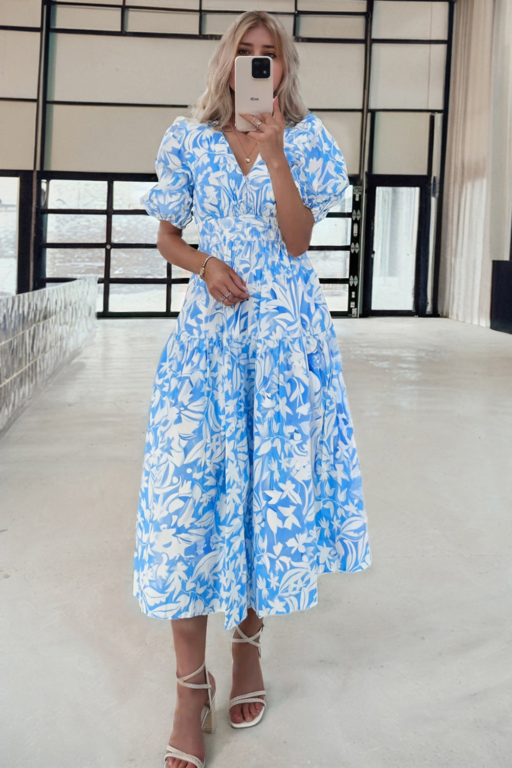 Sky Blue Floral Print Deep V Neck Puff Sleeve Flowy Dress Maxi Dresses 1df72811d8d3da0b