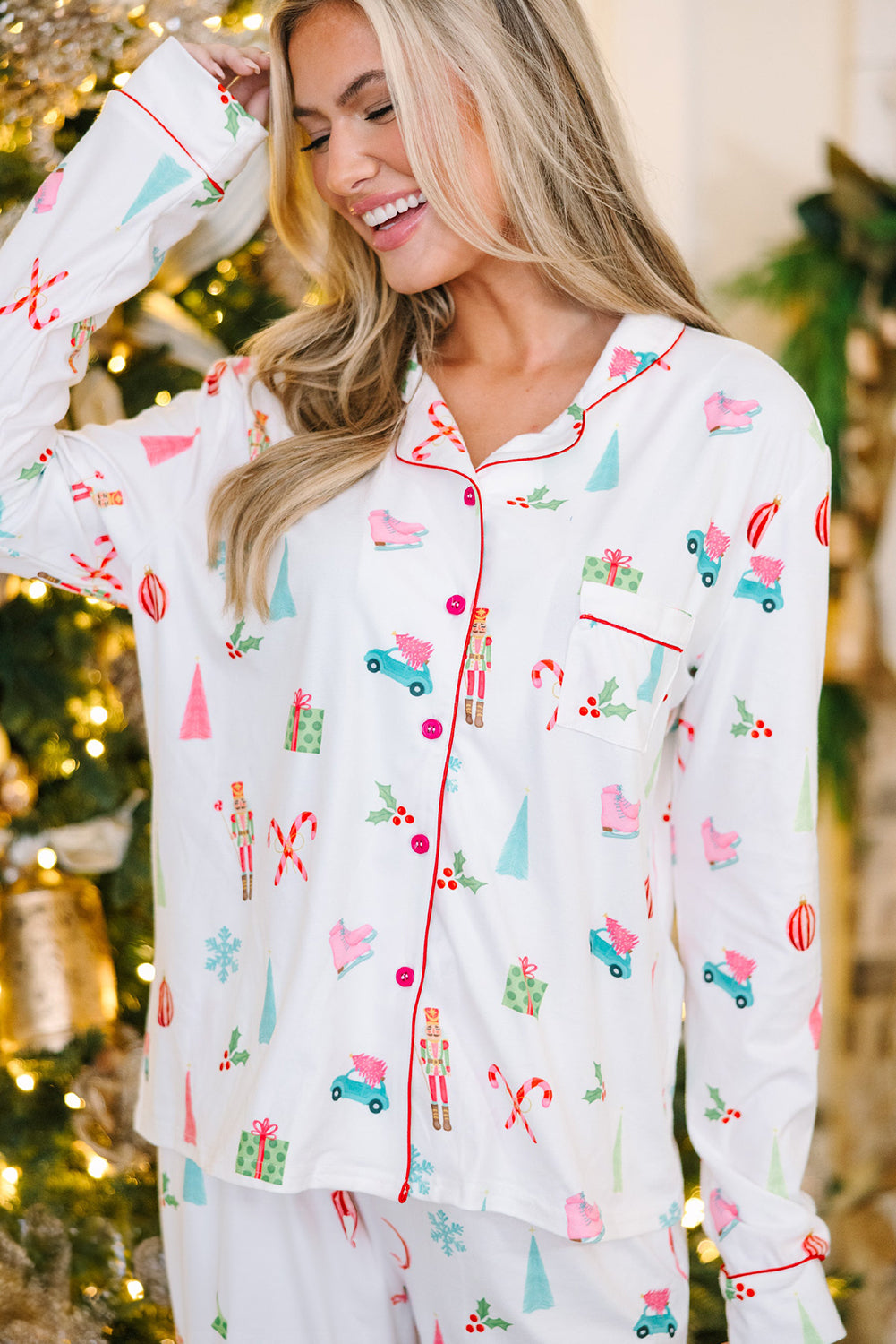 White Christmas Print Lapel Shirt and Pants Pajama Set Loungewear Set 1e0ba72d05dc12fa