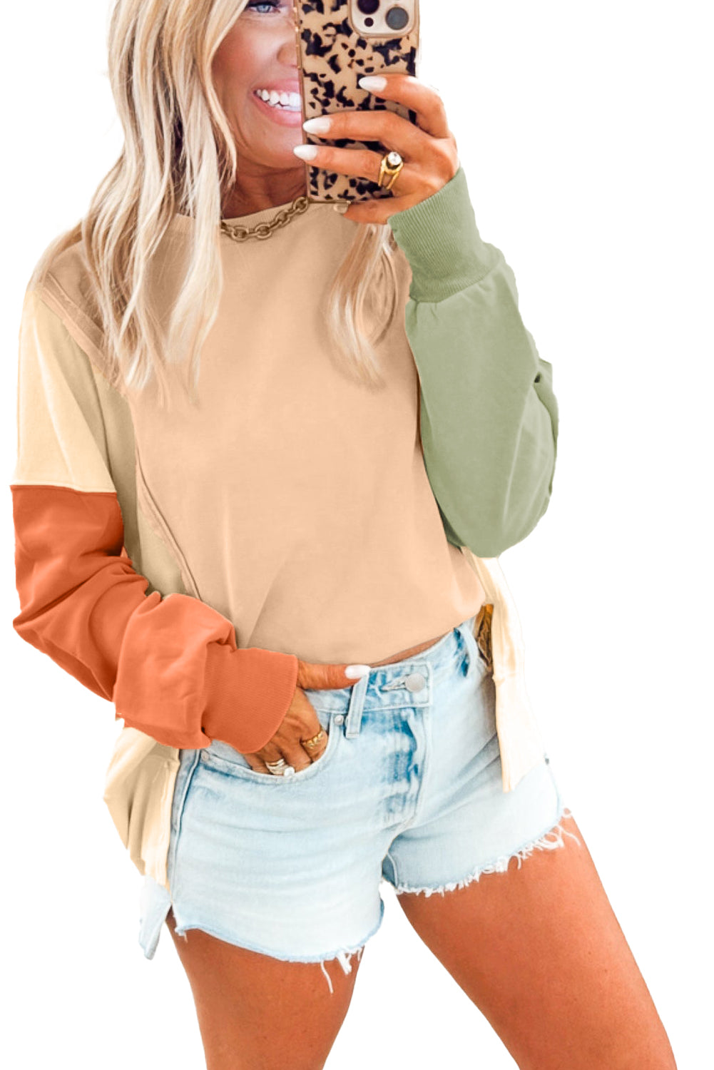 Beige Colorblock Patchwork Split Hem Casual Sweatshirt Sweatshirts & Hoodies 1e22eb43a48e8787