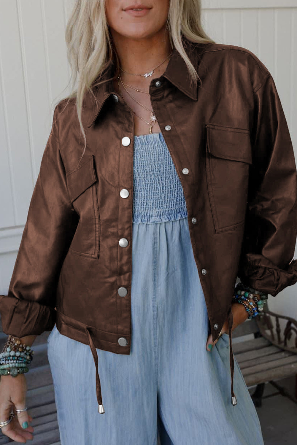 Chicory Coffee Flap Pocket Drawstring Hem Leather Jacket Jackets 1e2d956baf383ea3