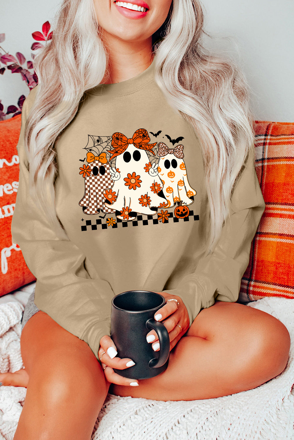Khaki Cute Halloween Ghost Heat Transfer Printing Graphic Baggy Sweatshirt Graphic Sweatshirts 1eb5bd50b2024606