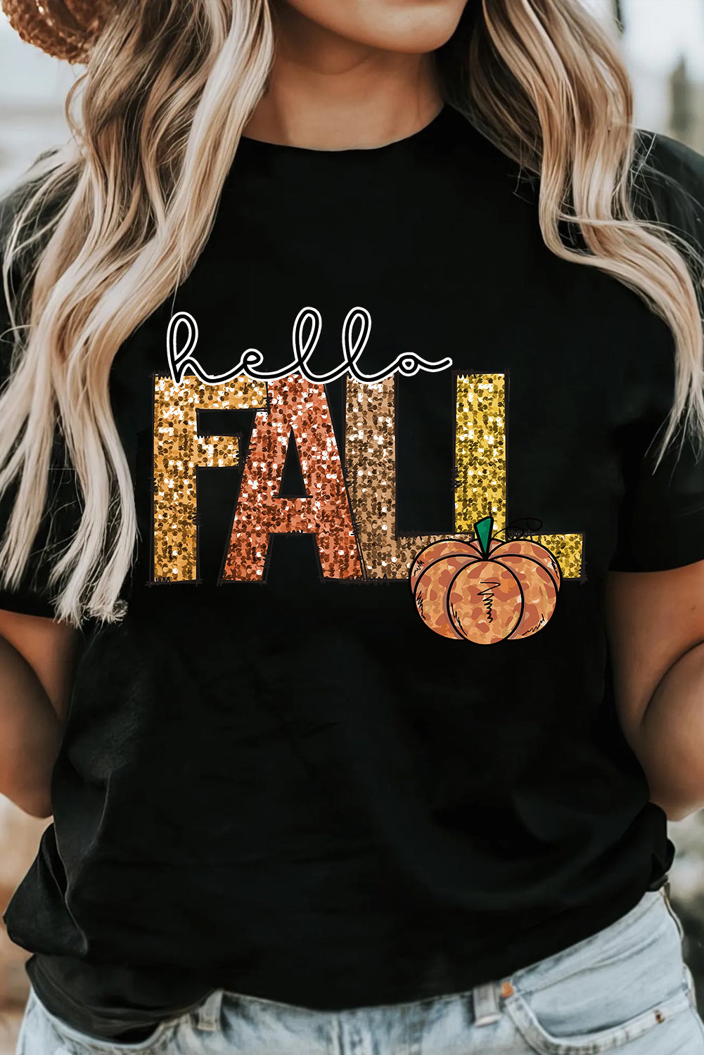 Black Hello Fall Letter Pumpkin Heat Transfer Printing T Shirt Graphic Tees 1ee2ef4acfd9f613