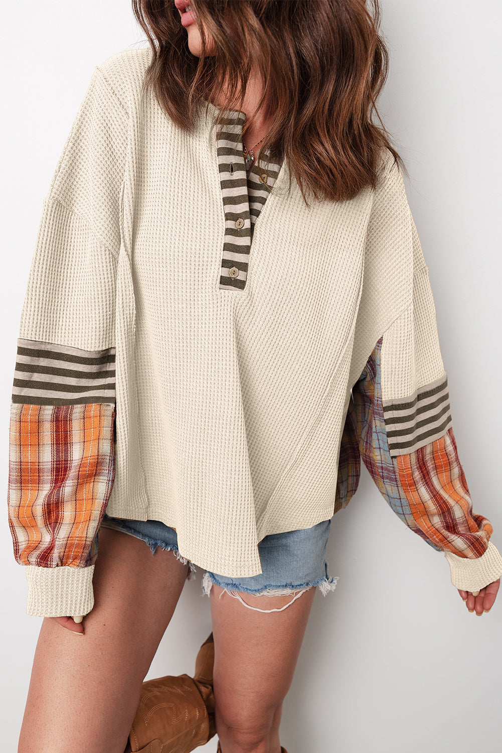 Beige Waffle Stripe Plaid Patchwork Henley Top Long Sleeve Tops 1f226b927840bca5
