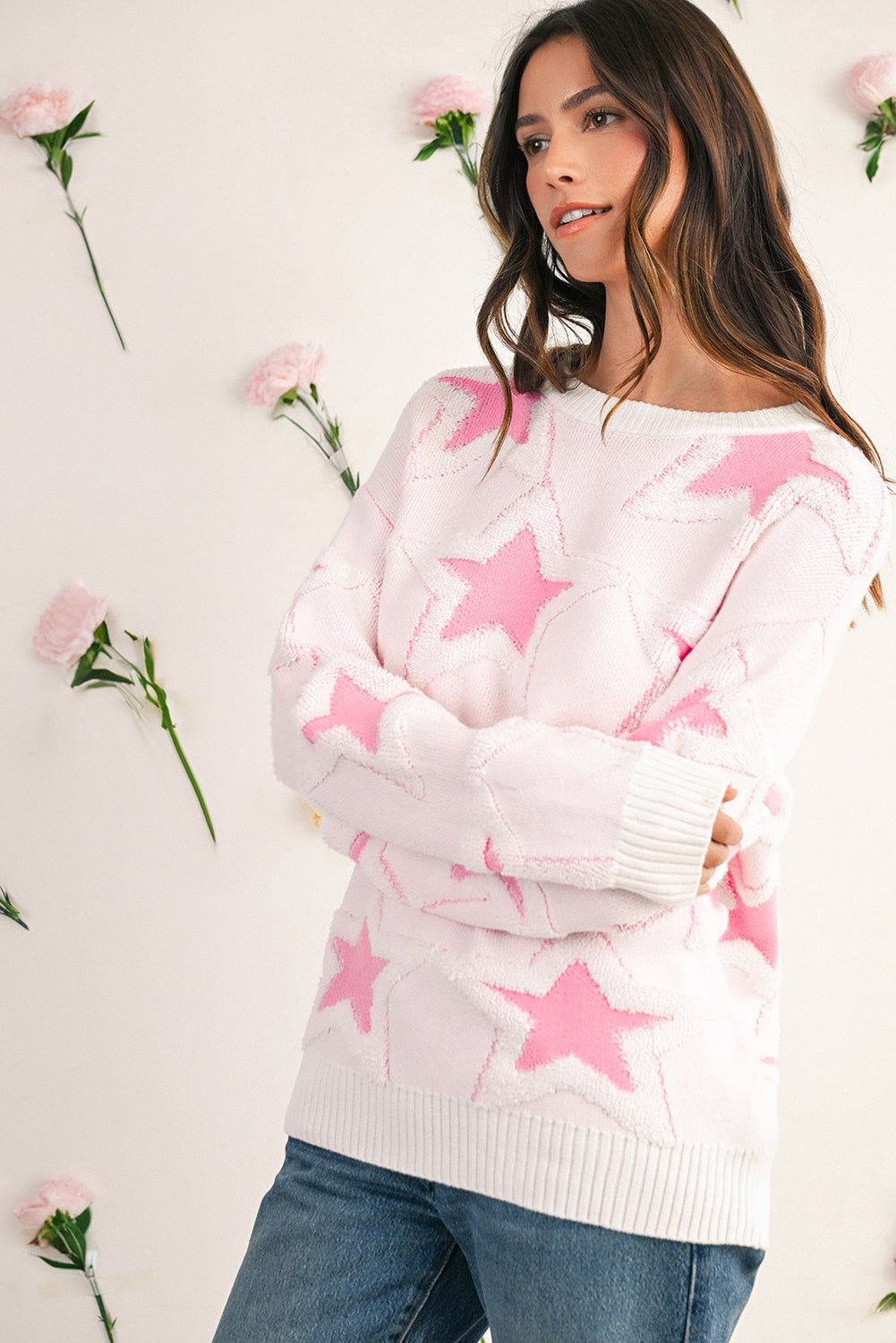 Sachet Pink Star Pattern Drop Sleeve Loose Sweater Sweaters 1f2eb36605fab6a0