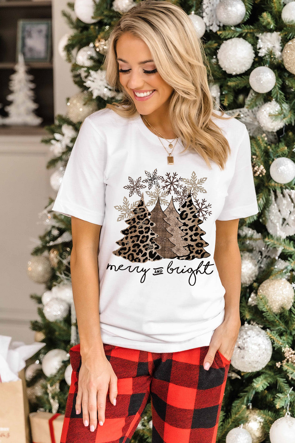 White Leopard Christmas Tree Casual Crew Neck Graphic Tee Graphic Tees 1f316fbfa31fa6d5
