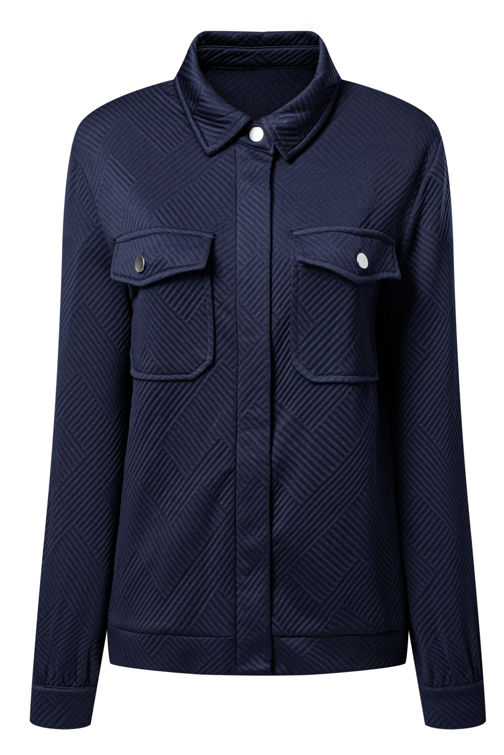 Navy Blue Solid Color Zip Up Button Flap Pocket Shirt Collar Jackets Jackets 1f3204eef919faaa