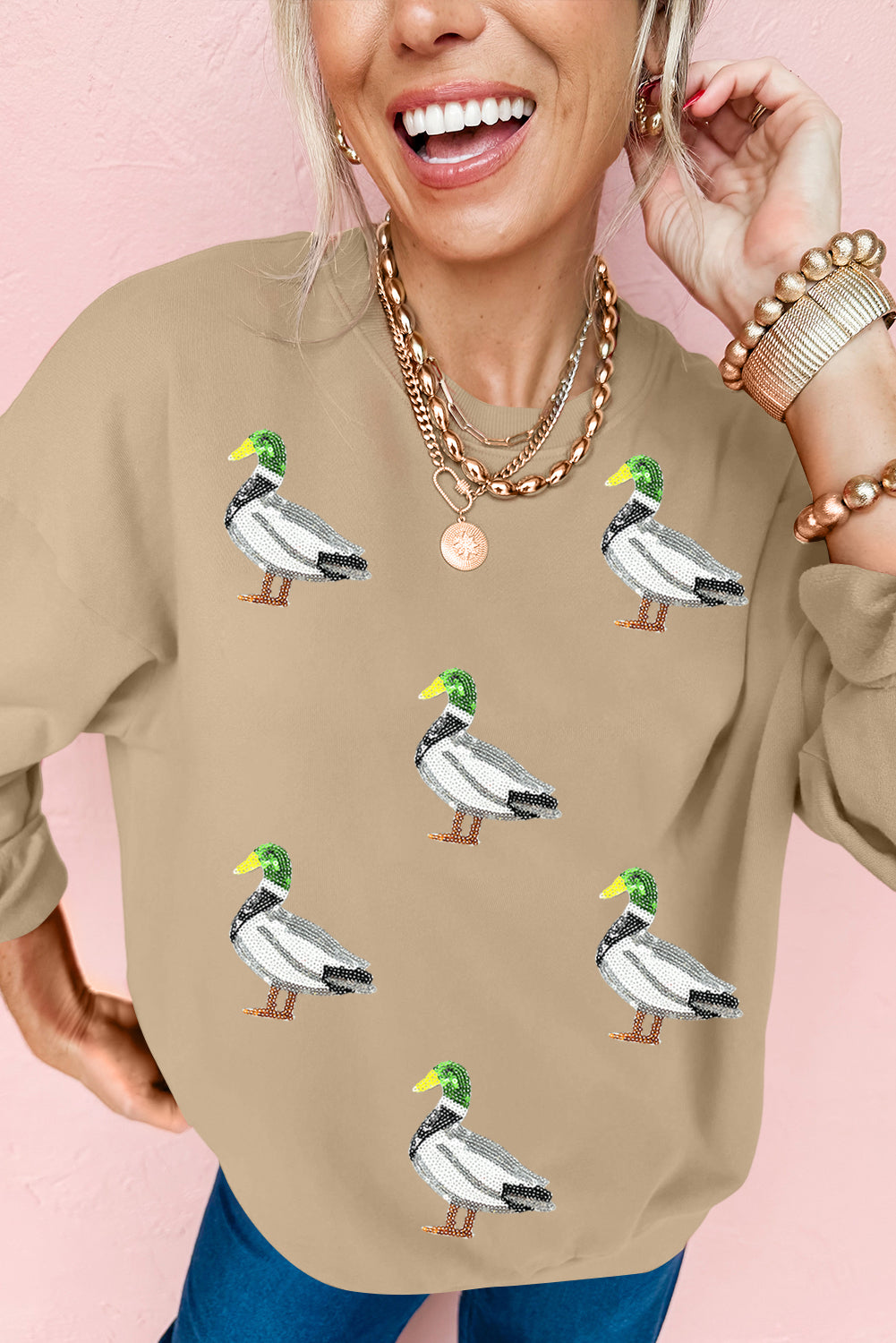Khaki Sequin Mallard Duck Graphic Sequins Patch Baggy Sweatshirt Graphic Sweatshirts 1f6b6737e93fc976