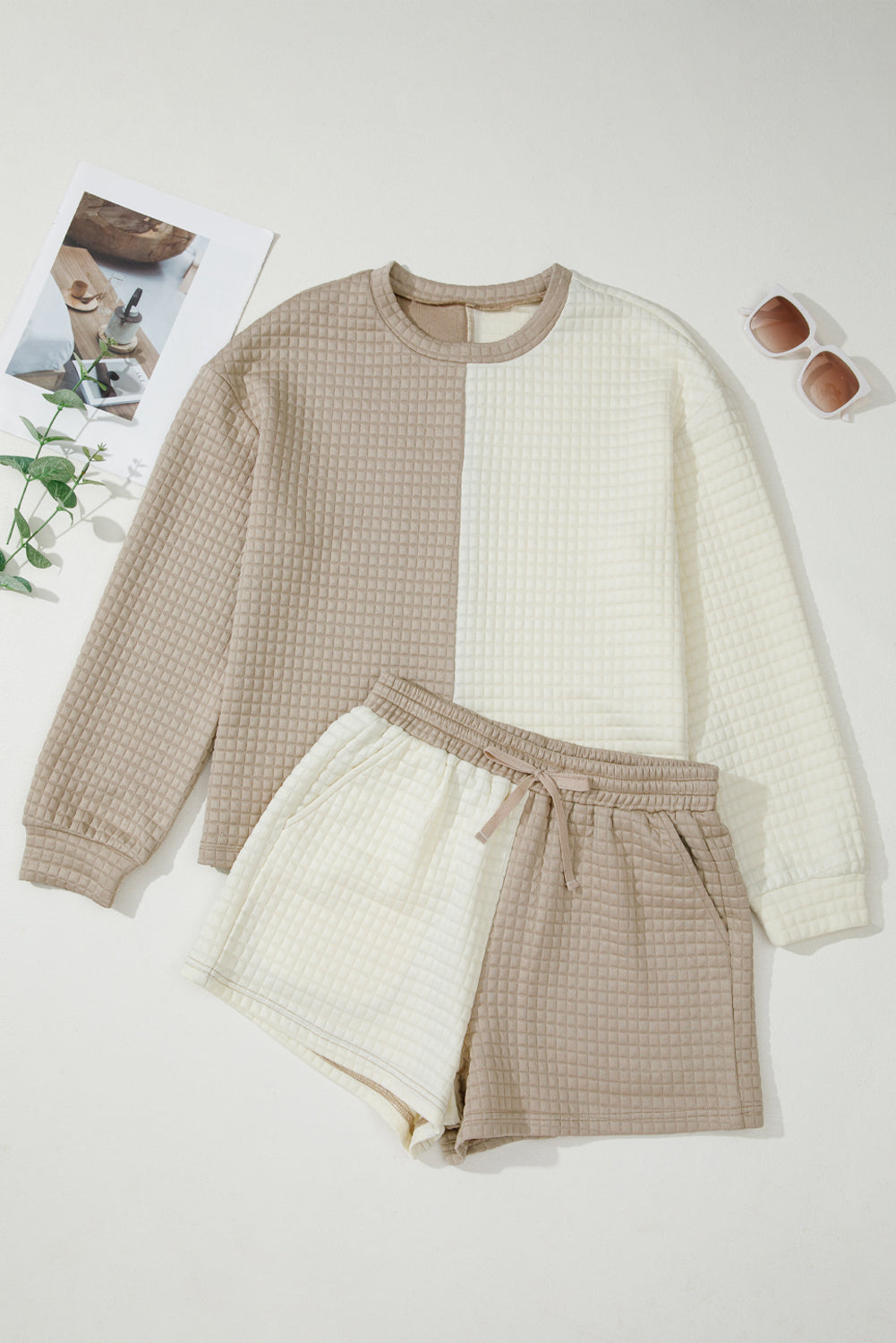Khaki Color Block Patchwork Textured Long Sleeve Top and Shorts Set Two Piece Shorts Sets 1f7c760e12a7f425