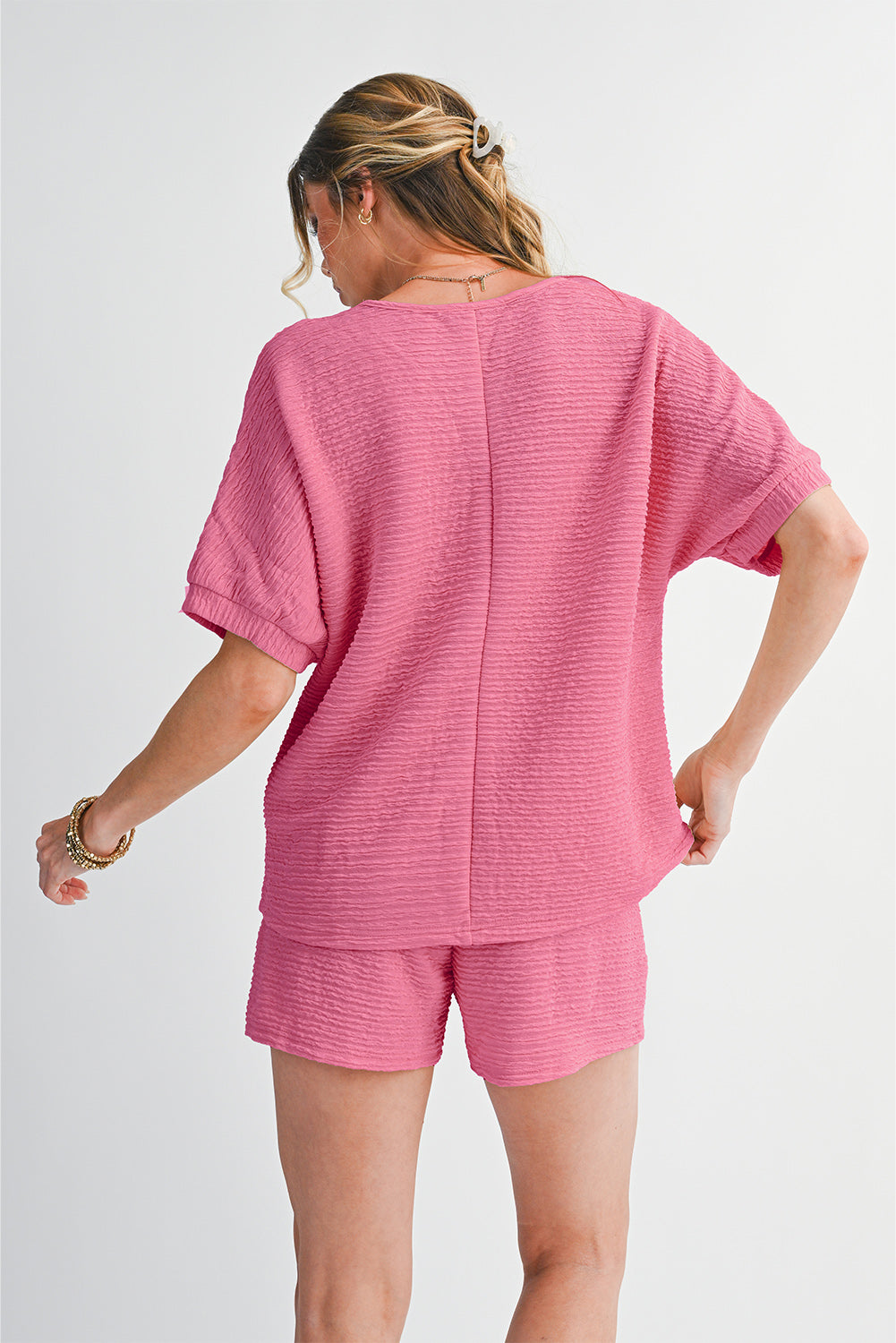 Pink Textured V Neck T Shirt and Shorts Set Two Piece Shorts Sets 201d5c7361307185