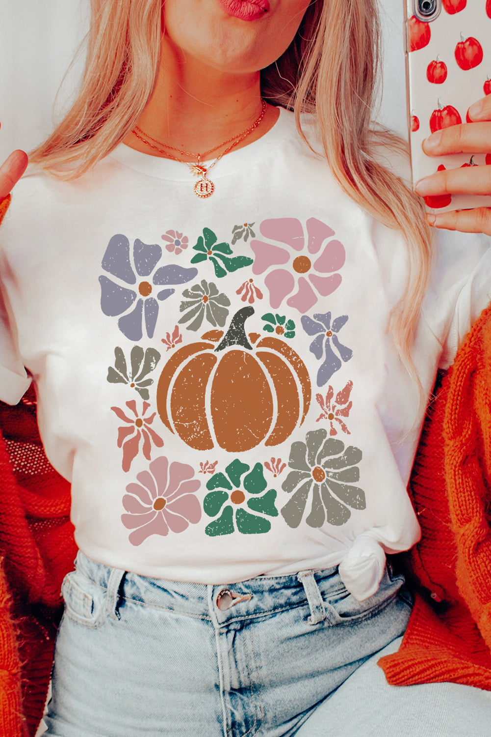 White Flower Pumpkin Distressed Heat Transfer Printing Graphic T Shirt Graphic Tees 201fd4b467ab966a