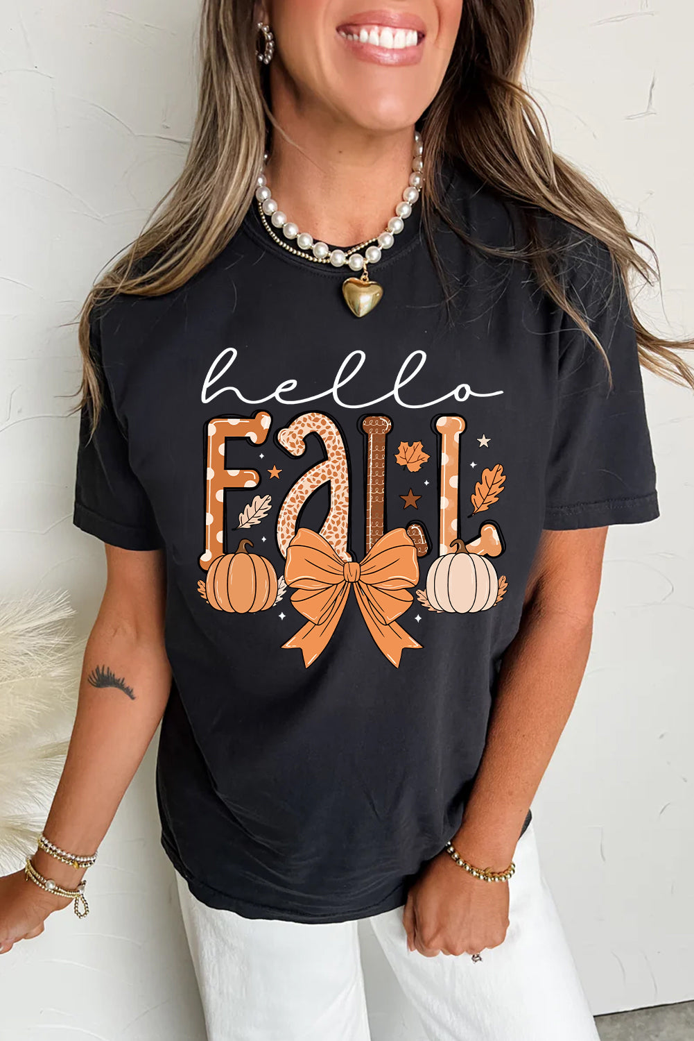 Black Hello Fall Thanksgiving Bow Pumpkin Heat Transfer Printing Graphic Tee Graphic Tees 20266aaf99b6c297