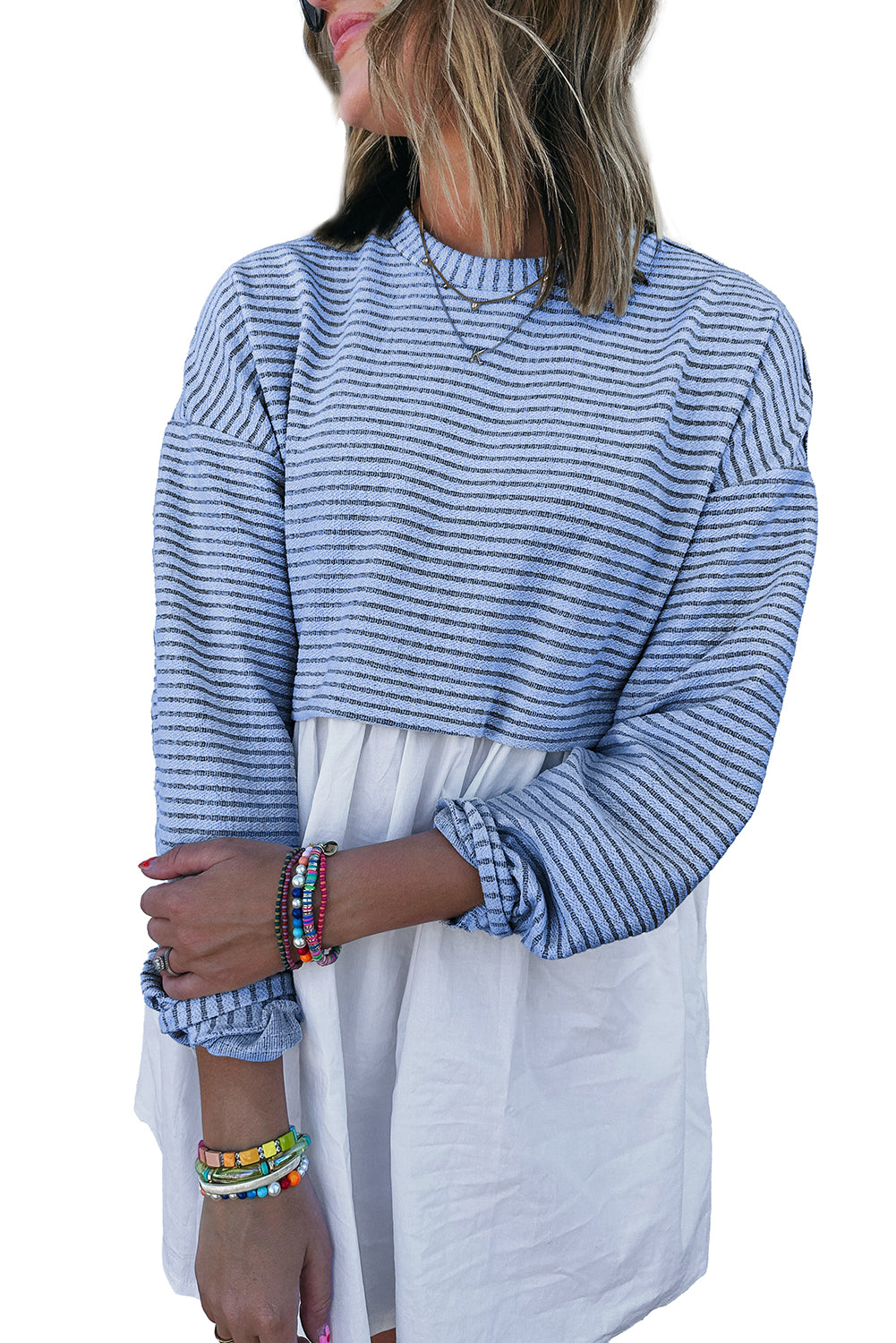 Sky Blue Stripe Patchwork Pleated High Waist Loose Mini Dress Short Dresses 204c3219274614fe