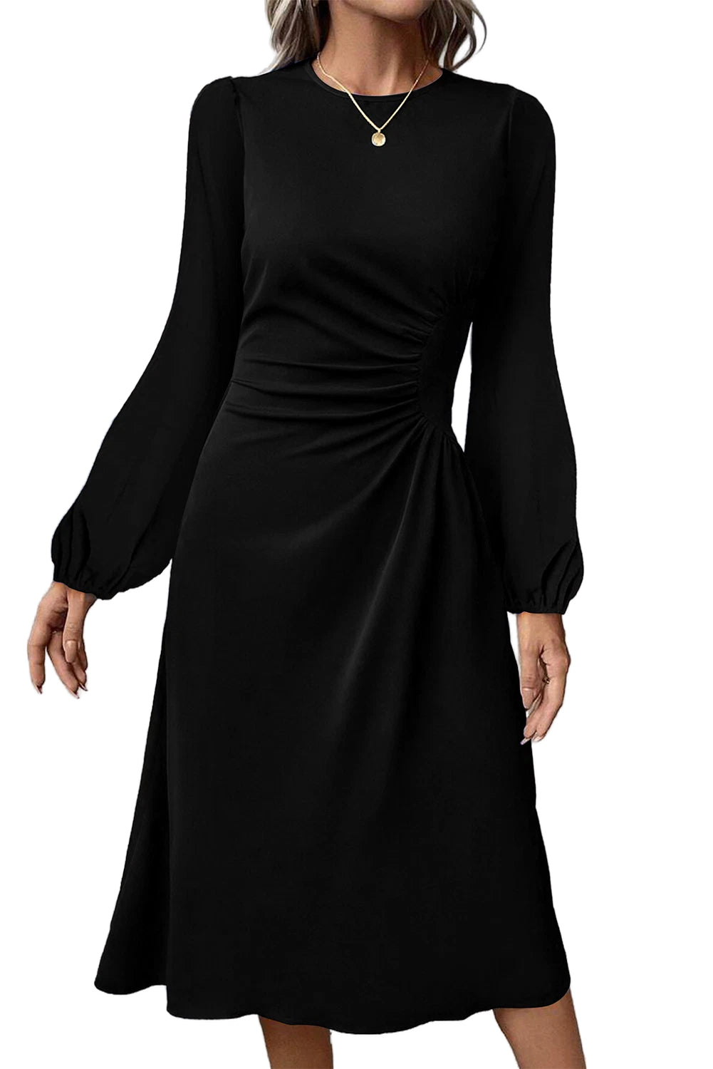 Black Plain Lantern Sleeve Midi Dress Midi Dresses 2059ae795a876c01