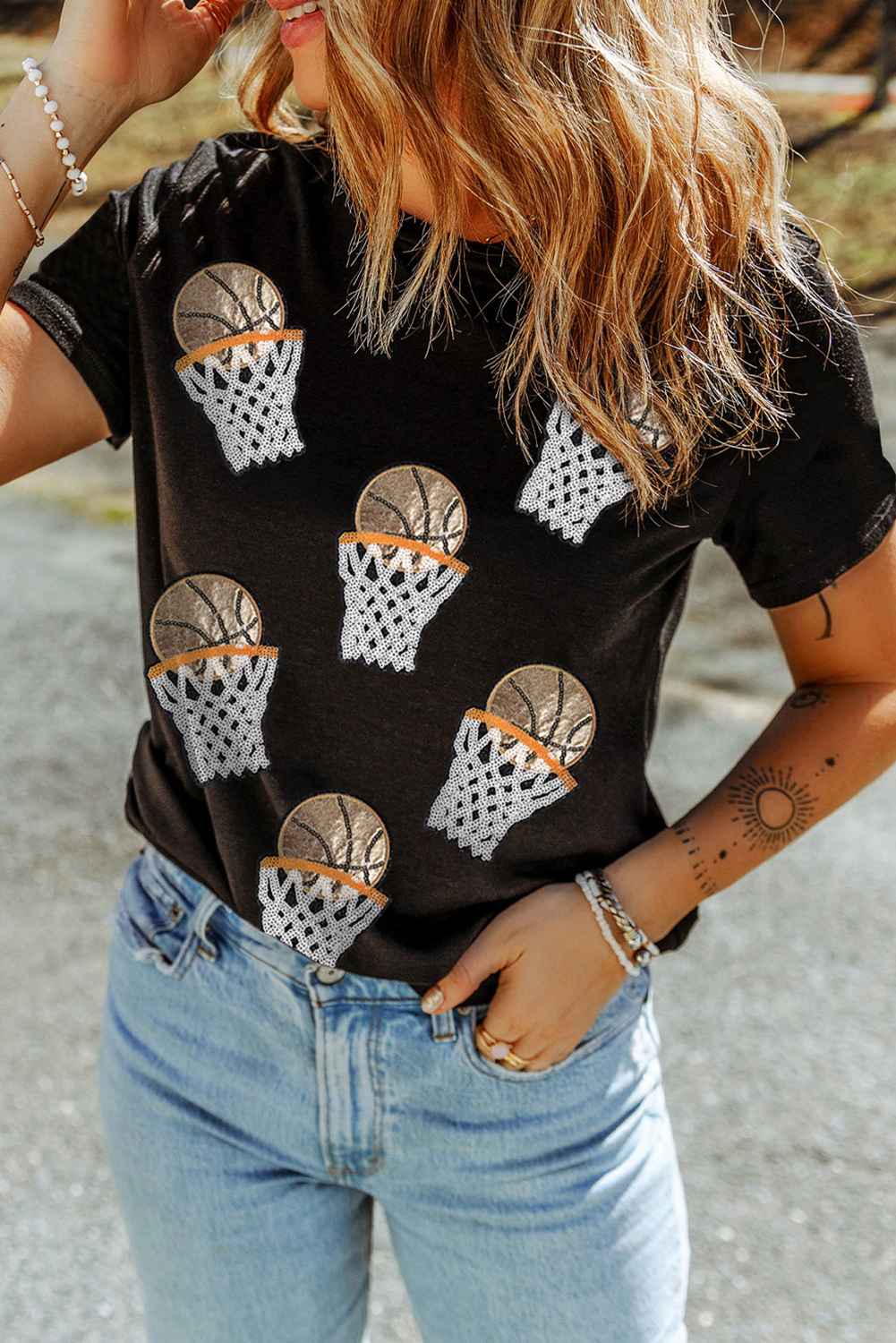 Black Sequin Basketball Patched Graphic Game Day T Shirt Graphic Tees 208d2f827286d0e3