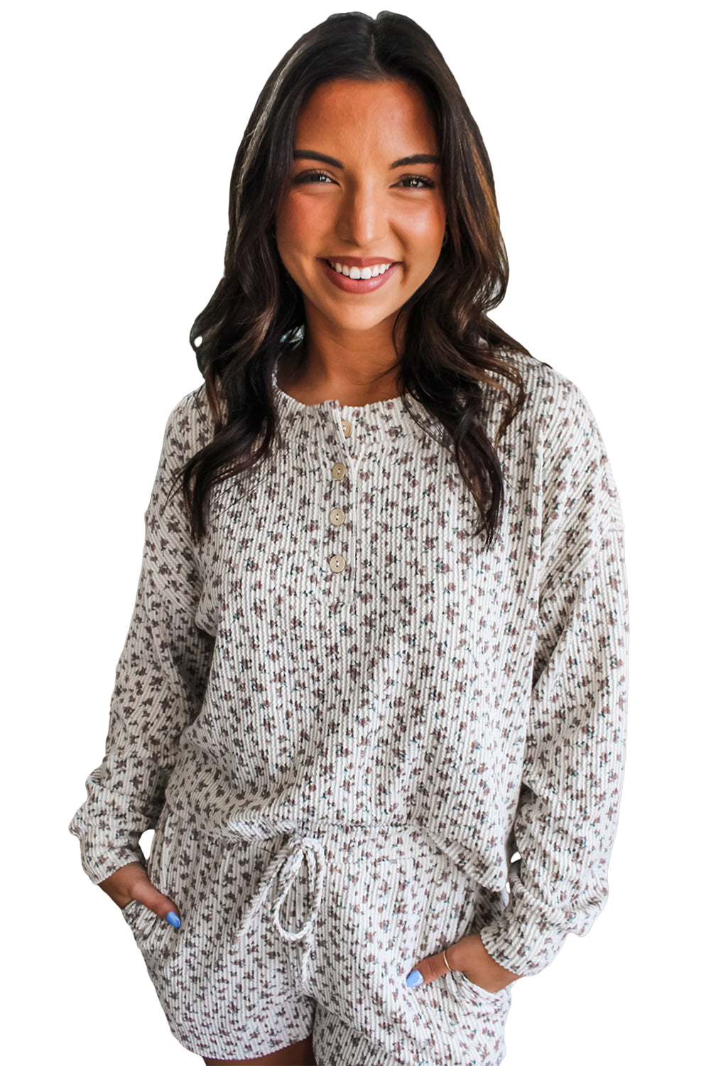 White Floral Print Ribbed Long Sleeve Pullover and Shorts Set Two Piece Shorts Sets 20d37d6b62bf7d99