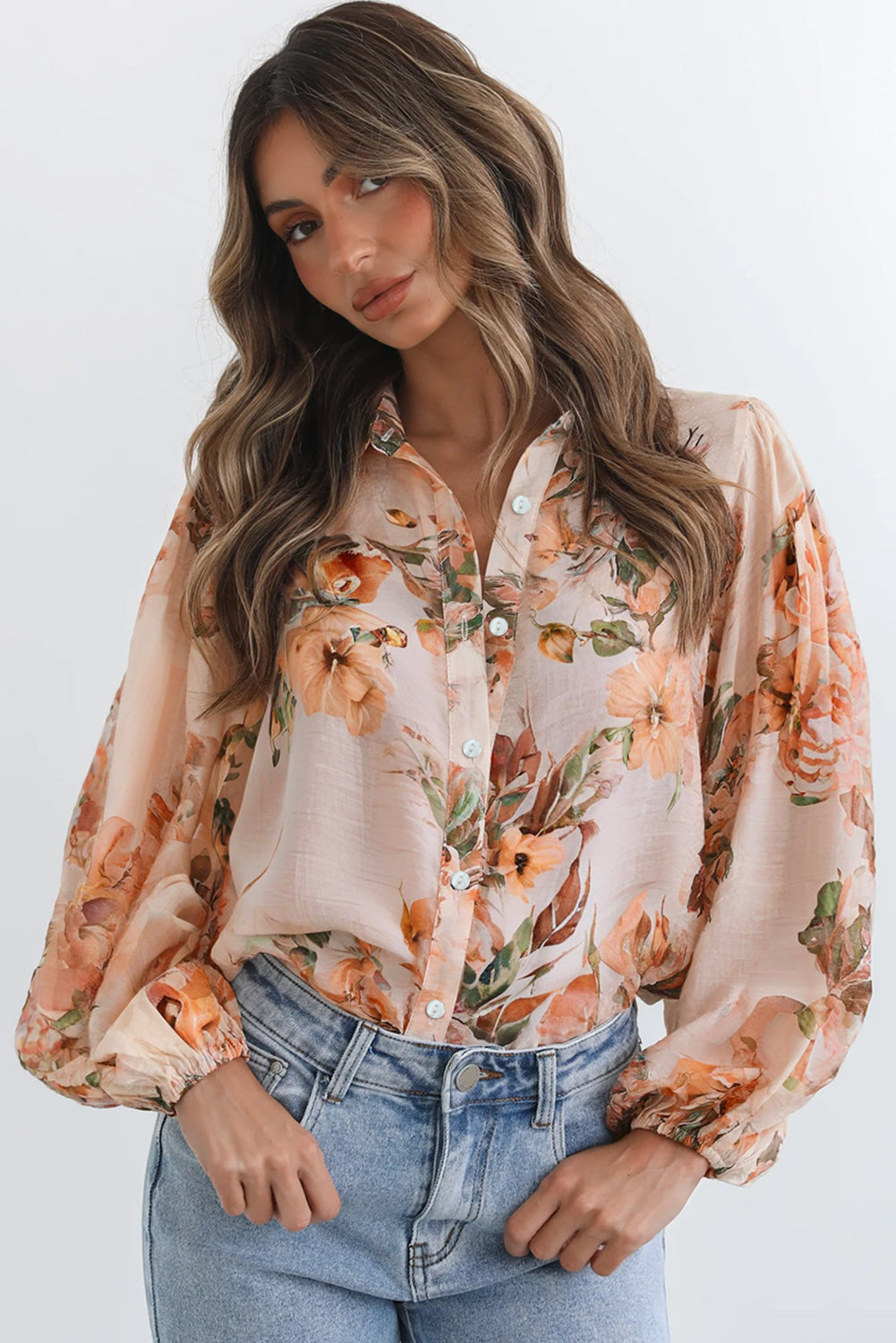 Orange Floral Puff Sleeve Lightweight Shirt Blouses 20f6de690d44d011