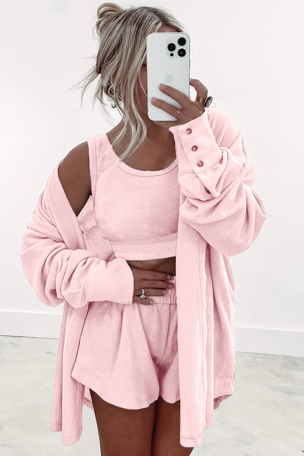 Gray Shirred Hem Crop Tank Top Loose Shorts Cardigan 3 Piece Pajama Set Loungewear Set 2136e04cafcb0030