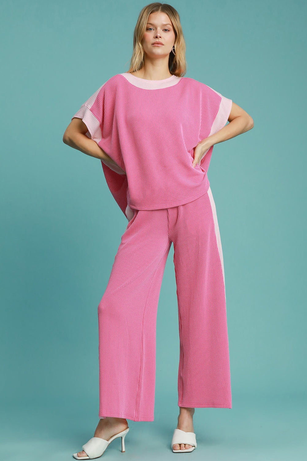 Sachet Pink Colorblock Patchwork Corded Pants Set Two Piece Pants Sets 21978f3496db187e