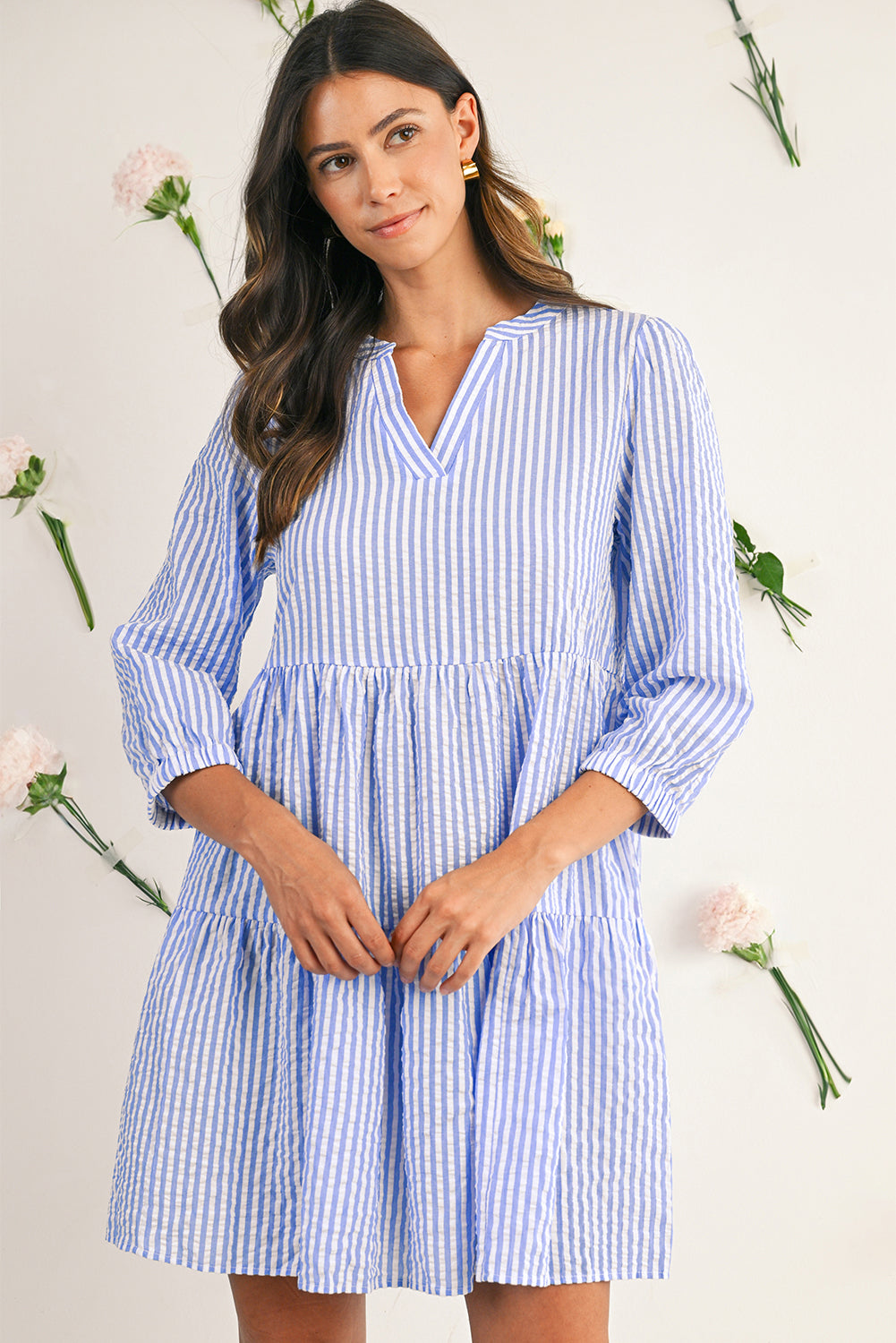 Sky Blue Striped Textured Bracelet Sleeve Tiered Mini Dress Short Dresses 21a4174cba231749