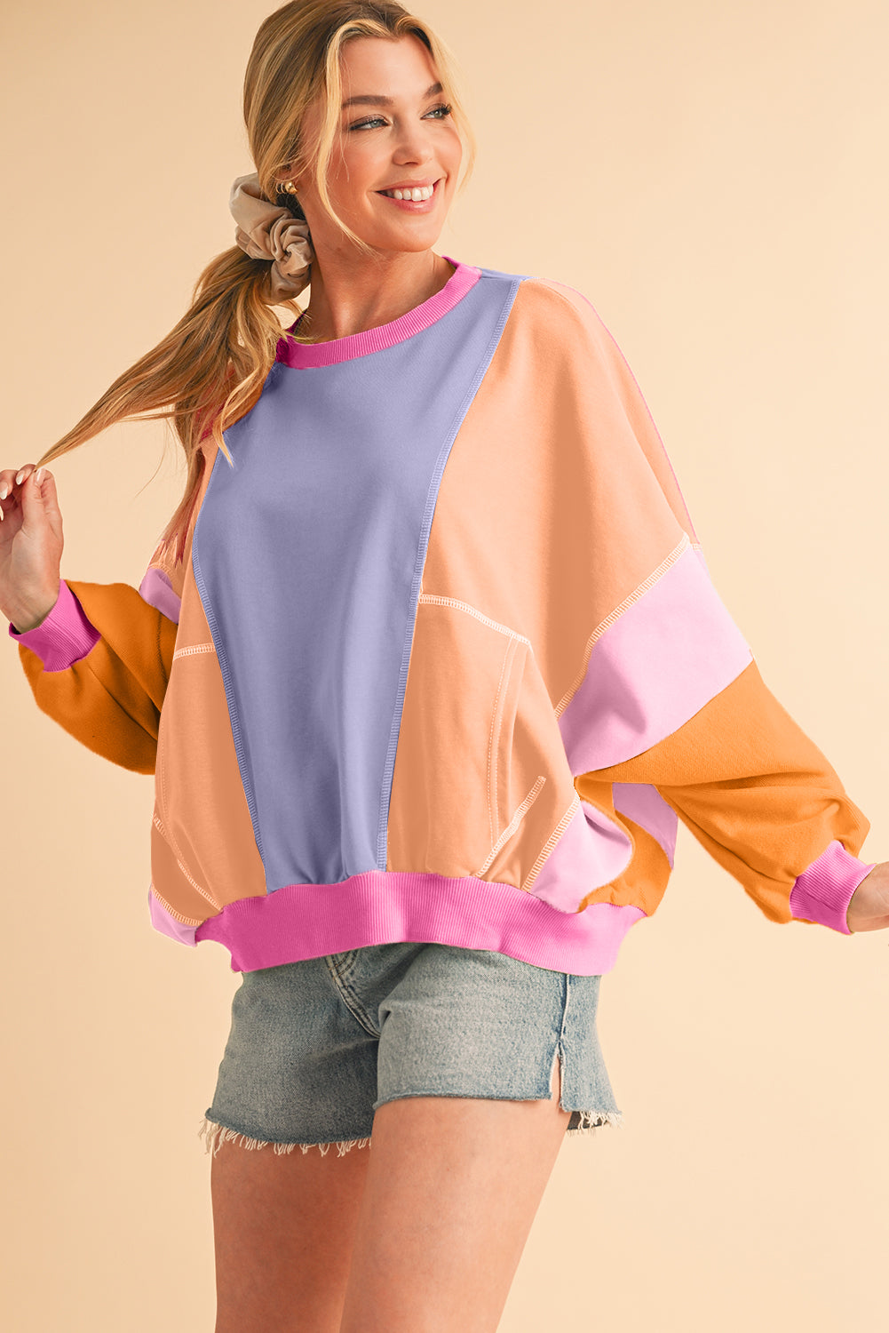 Orchid Petal Colorblock Patchwork Drop Shoulder Top Long Sleeve Tops 21b5df8aa2ba240e