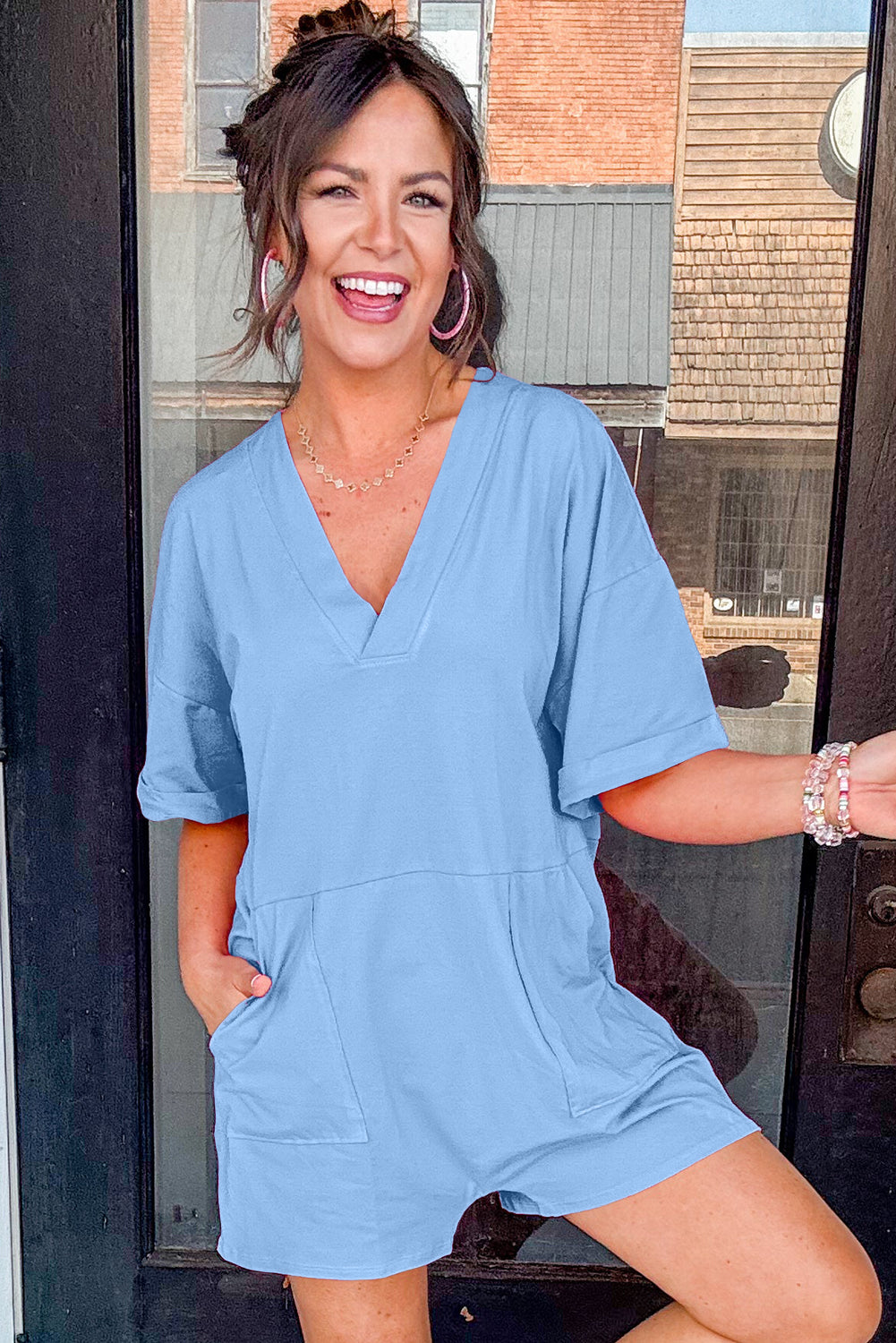 Myosotis Loose Half Sleeve V Neck Plain Romper Rompers 21ccaab3342fb037