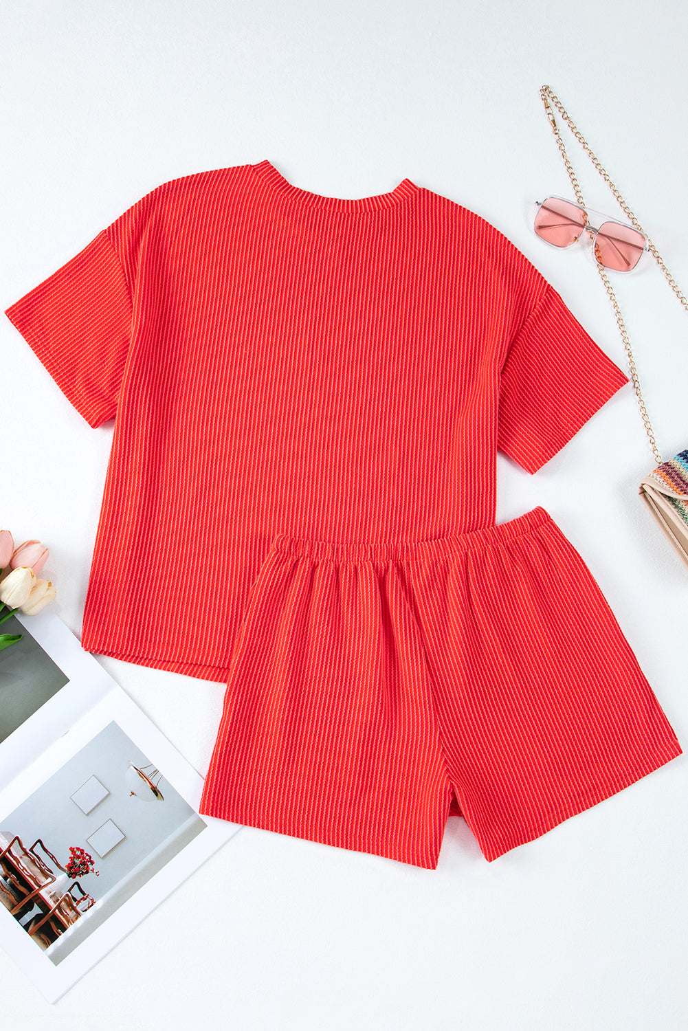 Orange Ribbed Textured Loose Fit Tee & Shorts Set Two Piece Shorts Sets 21ce186cca5432a3