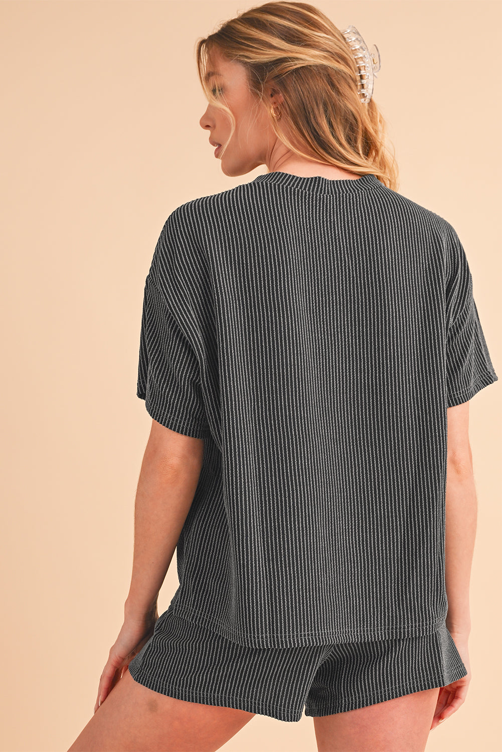 Orange Ribbed Textured Loose Fit Tee & Shorts Set Two Piece Shorts Sets 21d25aa438da94fe