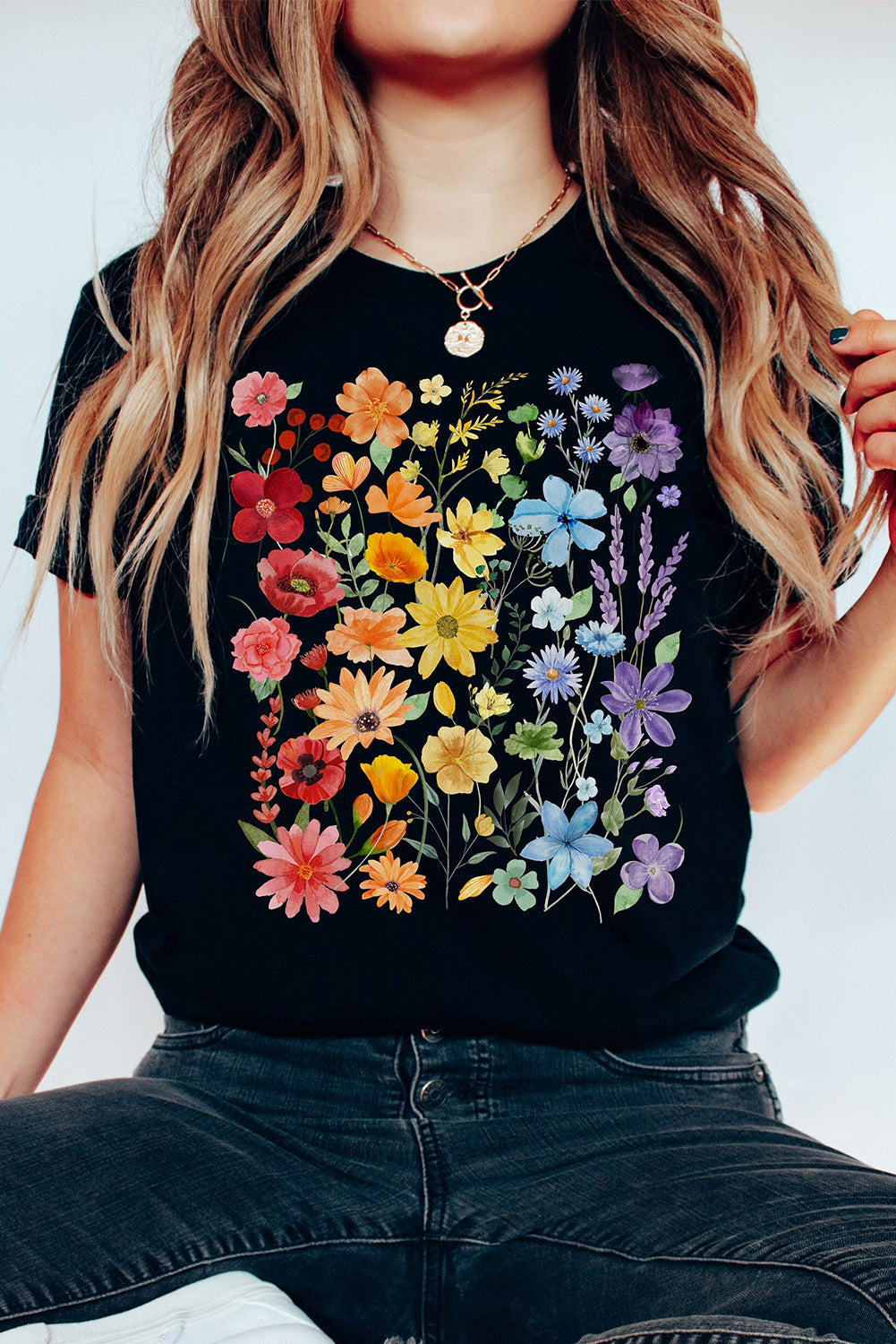 Black Flower Heat Transfer Printing Cotton Blend Casual Tee Graphic Tees 21d9dbdf605c8666