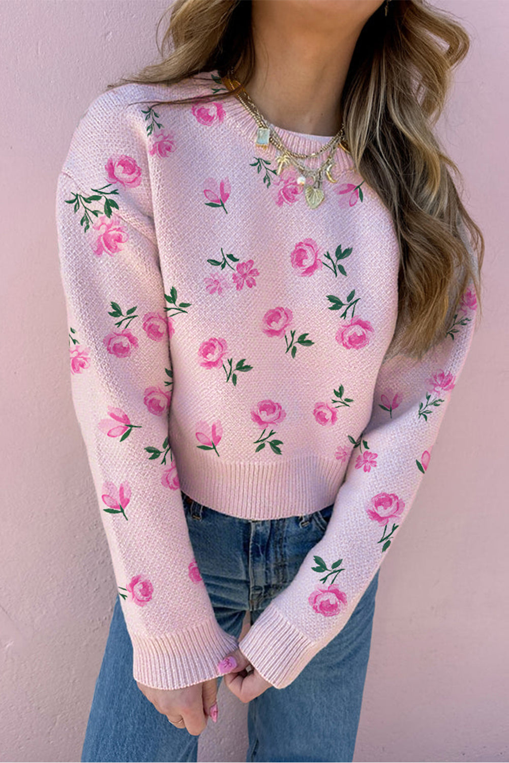 Delicacy Sweet Floral Print Drop Shoulder Cropped Sweater Sweaters 21f4f5f4ef00fbef