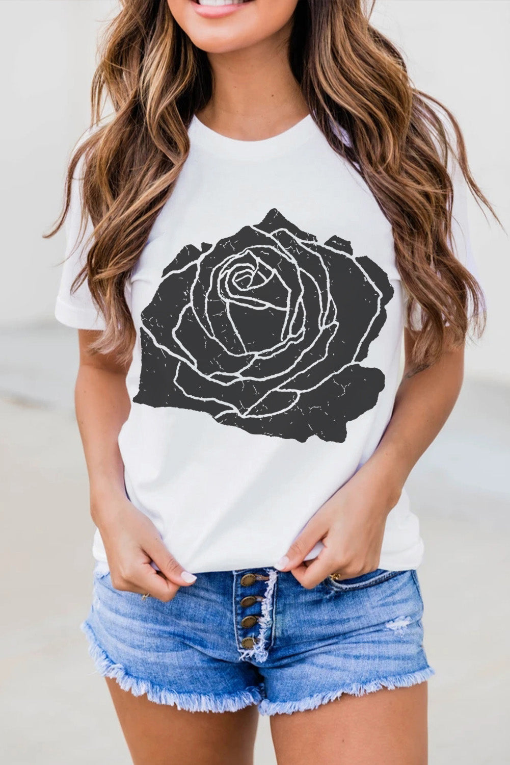 White Large Rose Graphic Crew Neck T Shirt Graphic Tees 220dad0b2fd43de9