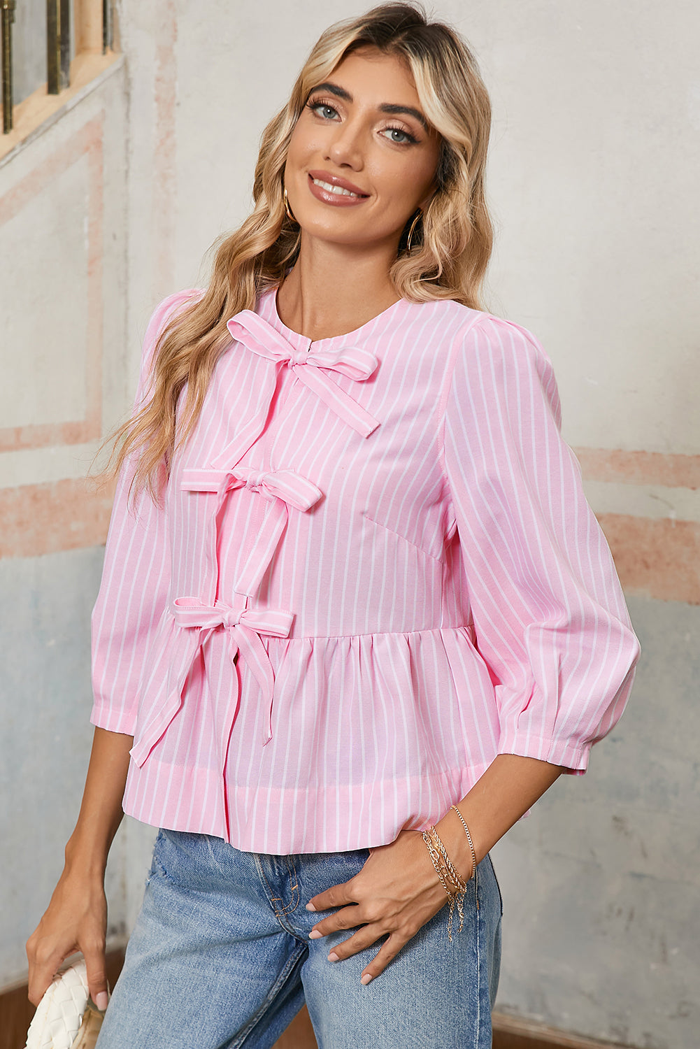 Pink Striped Print Sweet Bow Tie Blouse Blouses 22216fd6a190d378