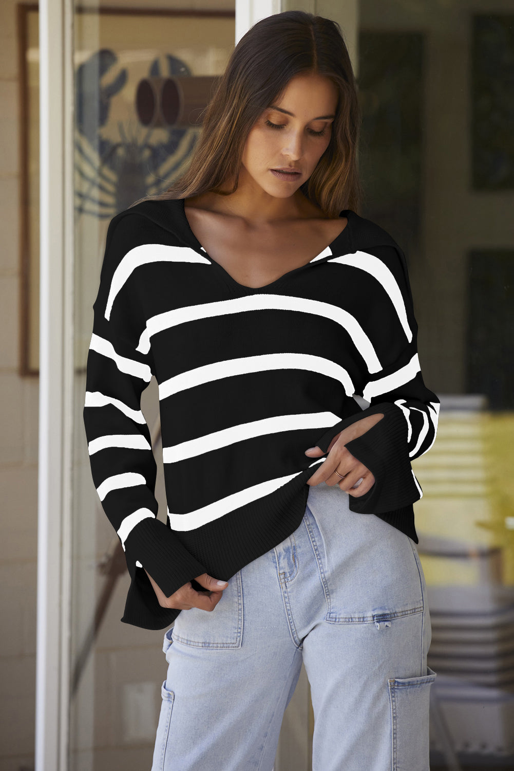 Black Caped V Neck Slit Sleeve Striped Sweater Sweaters 2254553c24cc653e