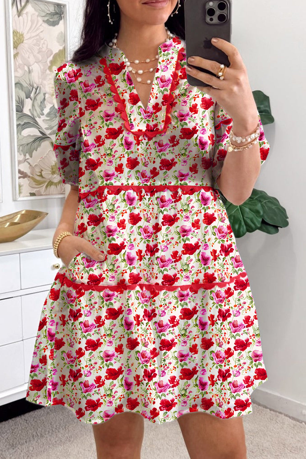 Red Floral Puff Sleeve Tiered Ric Rac Pocketed Mini Dress Short Dresses 227b93c72538535c